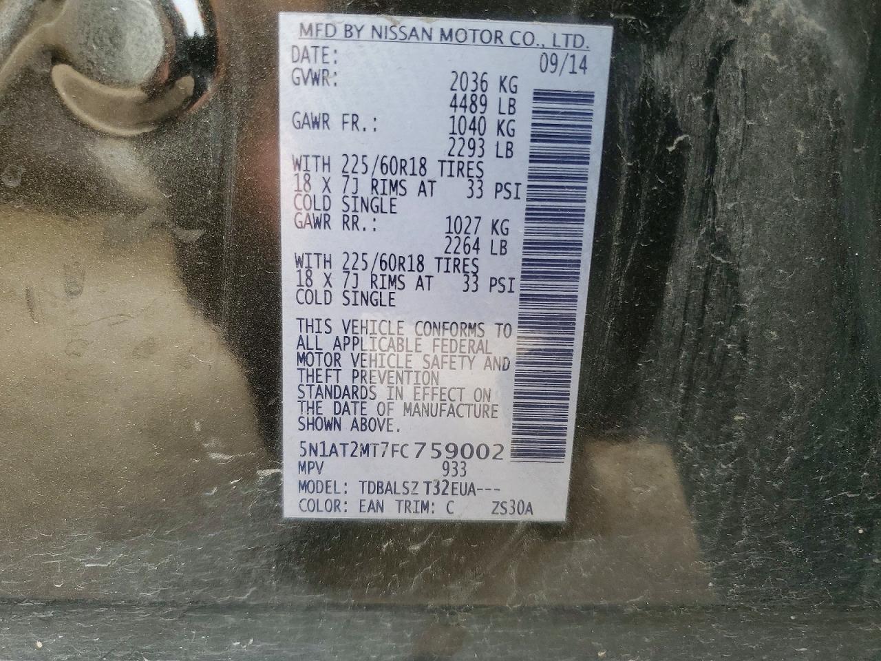 2015 Nissan Rogue Sl Charcoal vin: 5N1AT2MT7FC759002