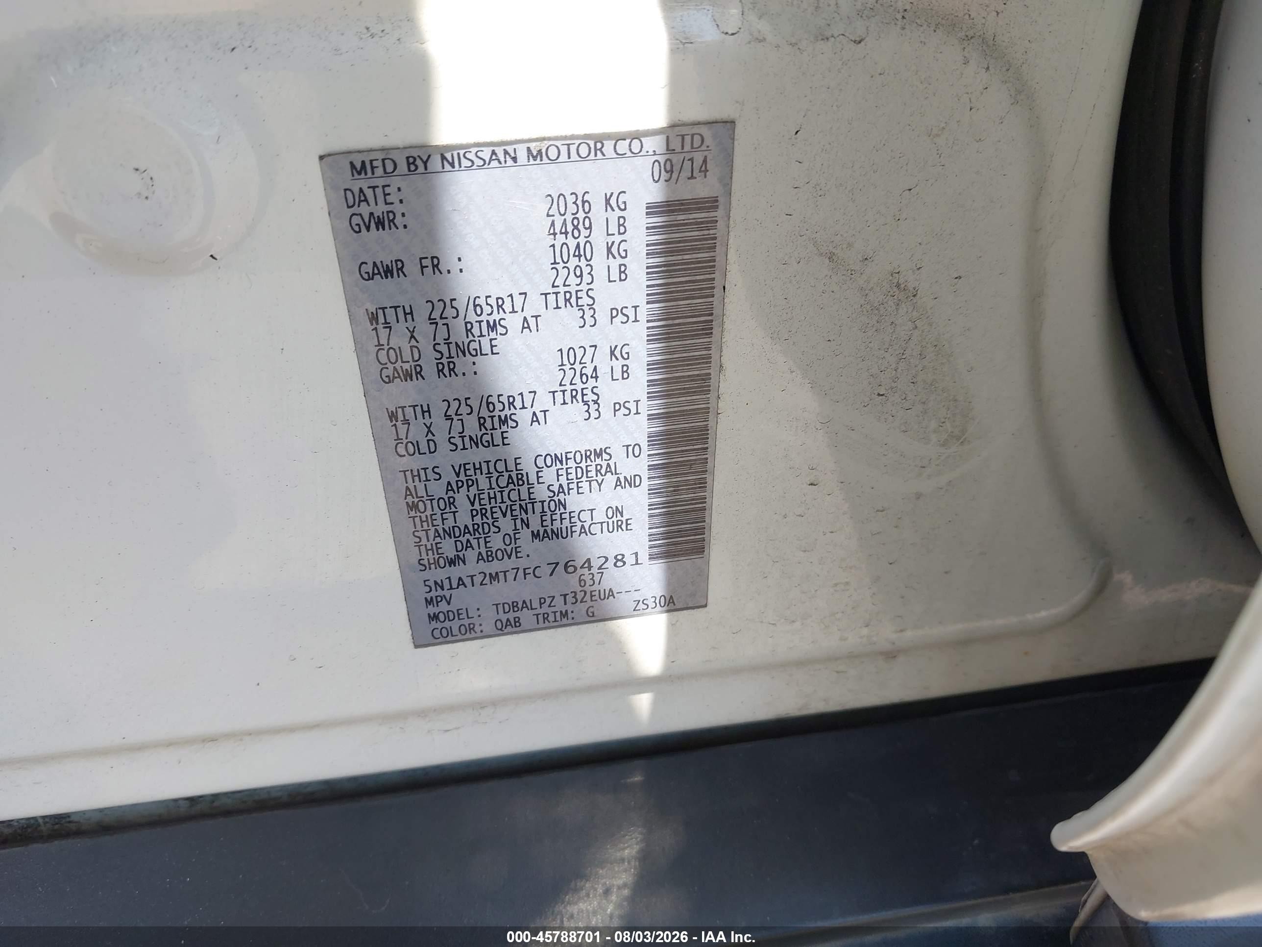 2015 Nissan Rogue S White vin: 5N1AT2MT7FC764281