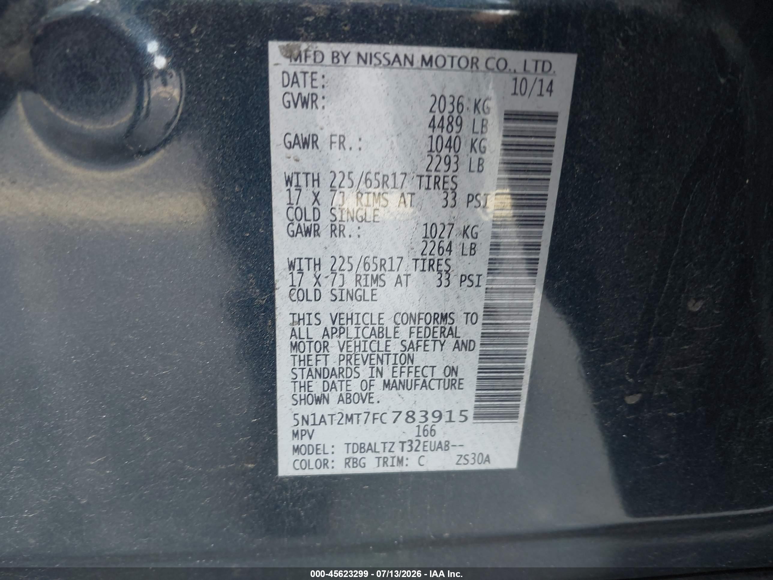 2015 Nissan Rogue Sv Blue vin: 5N1AT2MT7FC783915