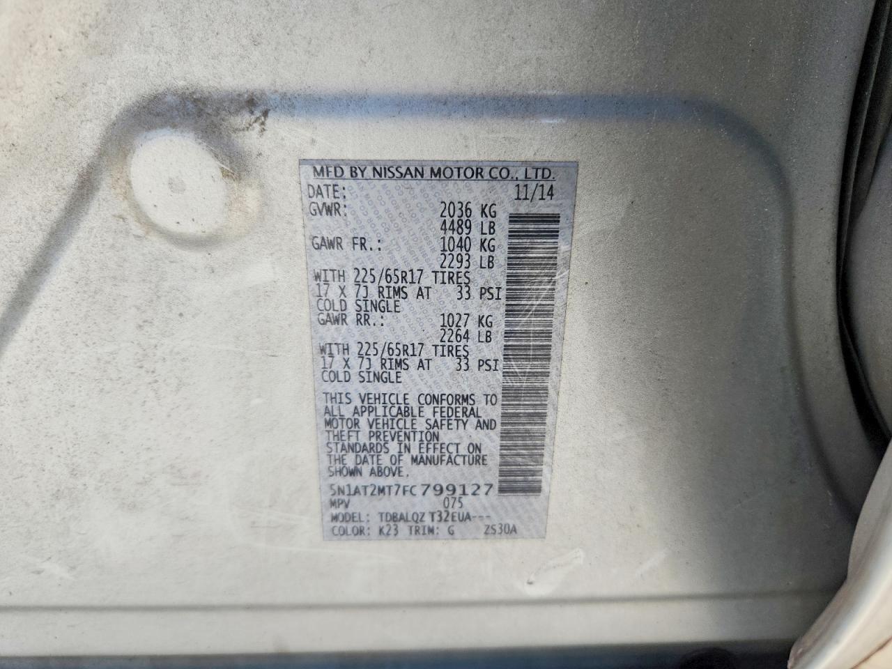 2015 Nissan Rogue Sv Silver vin: 5N1AT2MT7FC799127