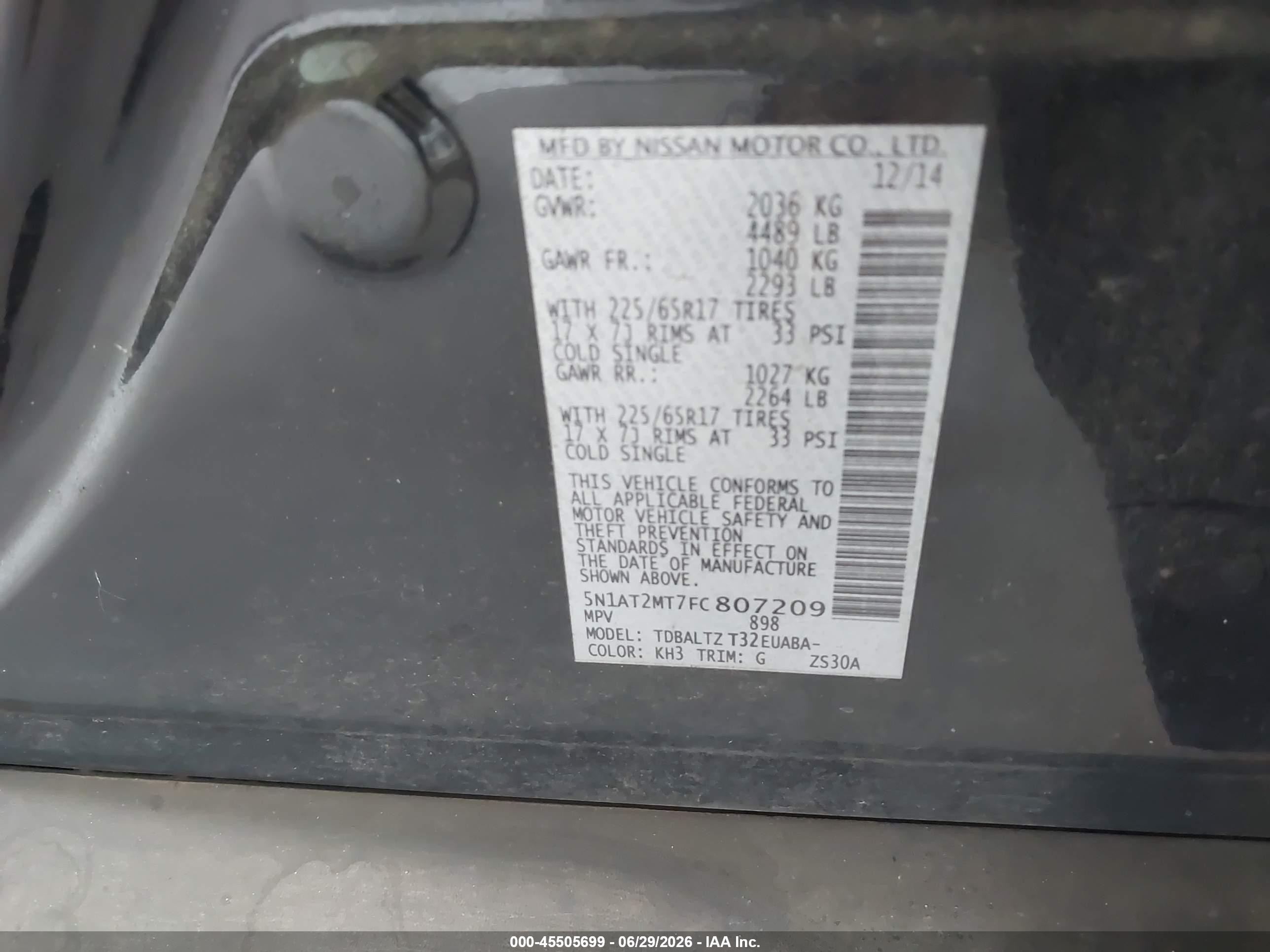 2015 Nissan Rogue Sv Black vin: 5N1AT2MT7FC807209