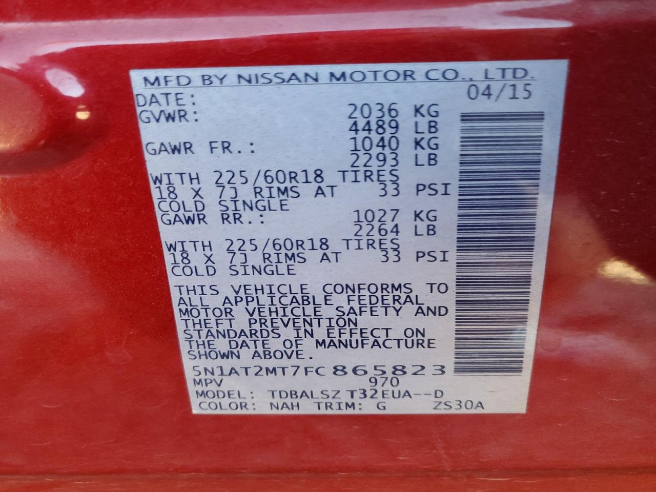2015 Niss Rogue Sl Red vin: 5N1AT2MT7FC865823