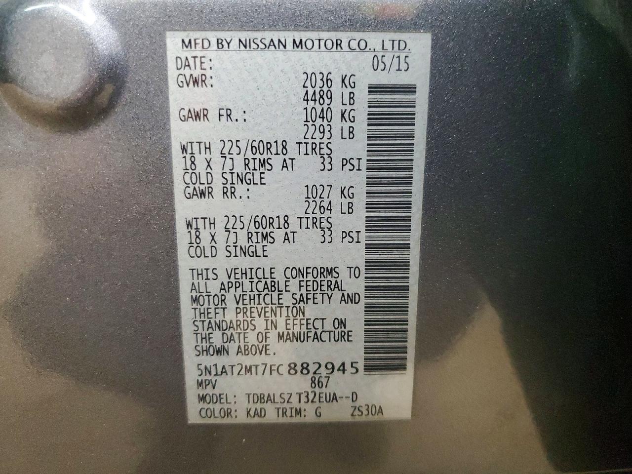 2015 Nissan Rogue Sl Gray vin: 5N1AT2MT7FC882945