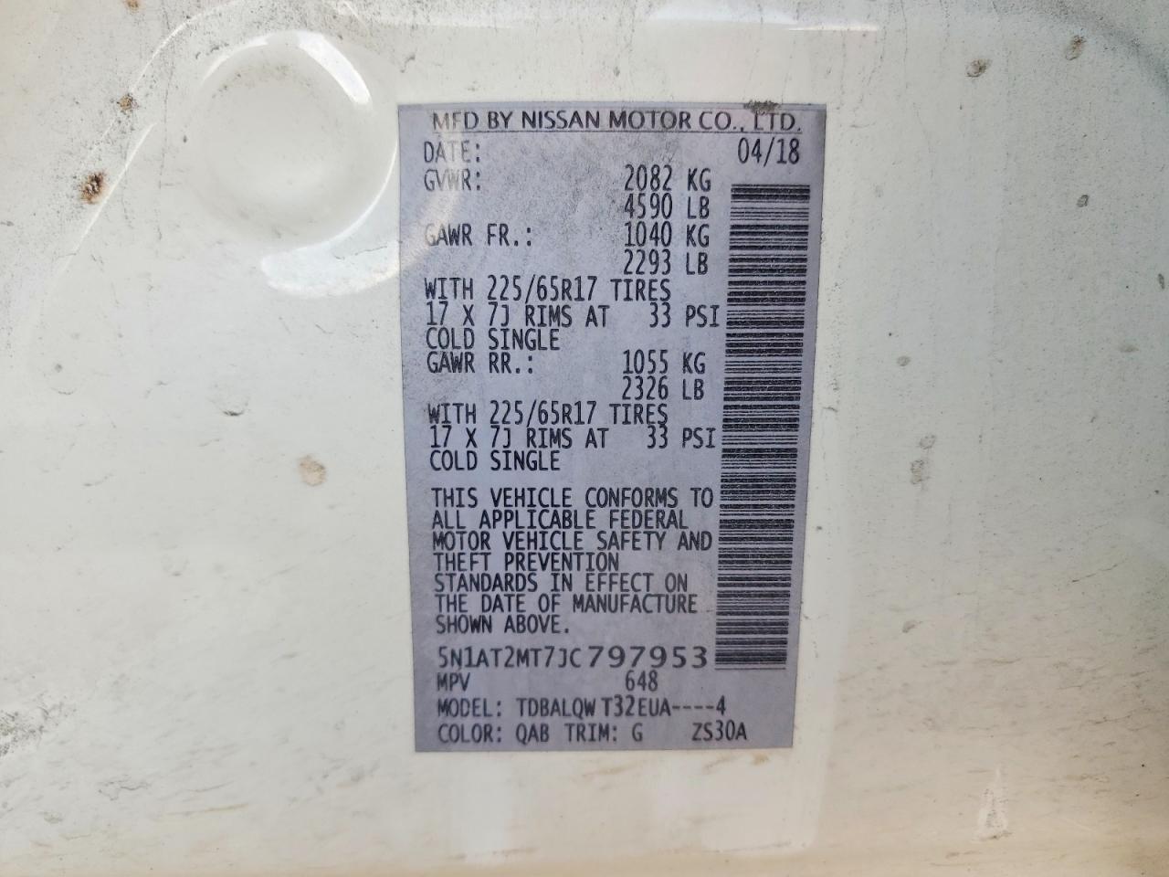 2018 Nissan Rogue Sv White vin: 5N1AT2MT7JC797953