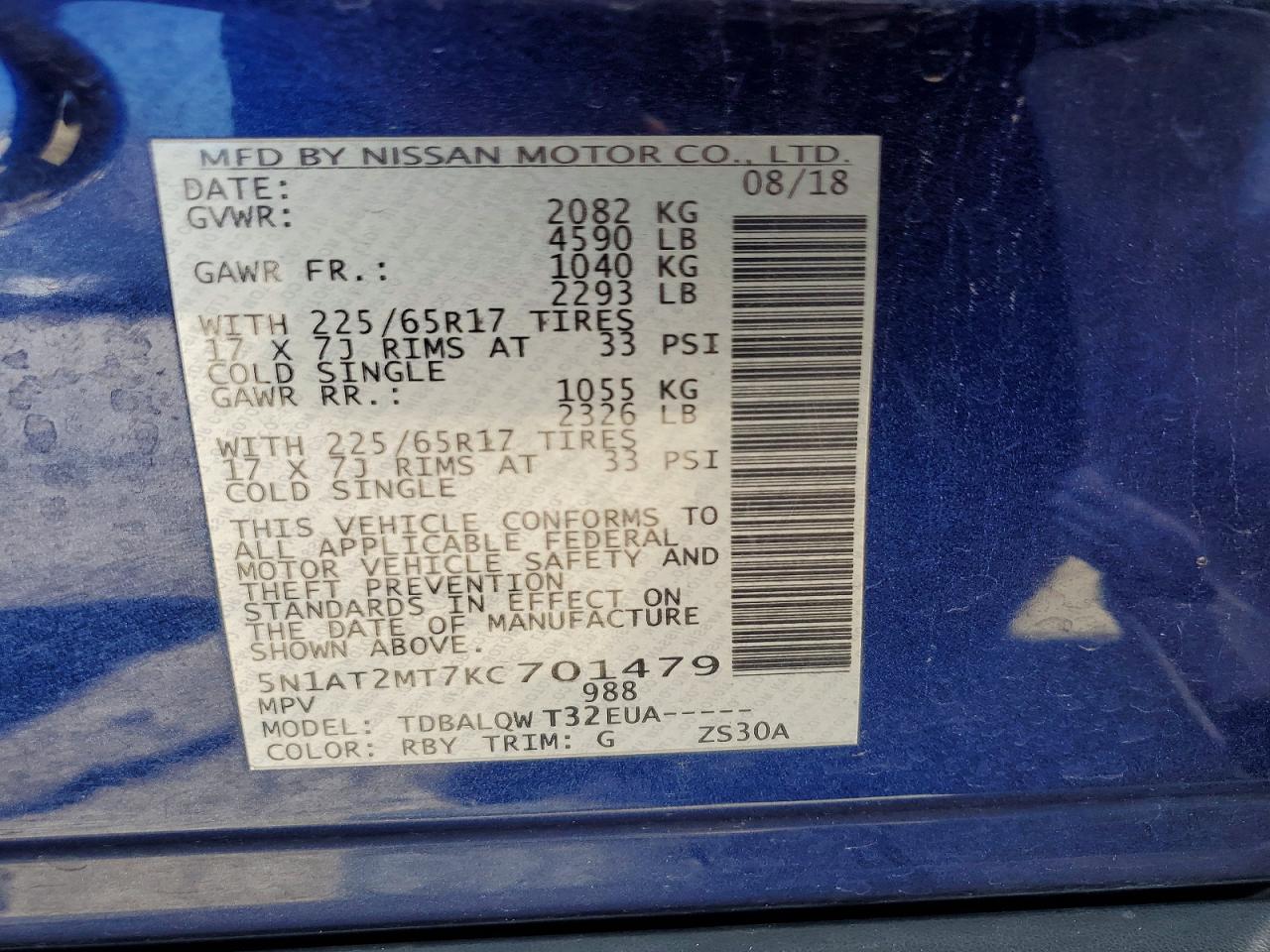 2019 Nissan Rogue Sv Blue vin: 5N1AT2MT7KC701479