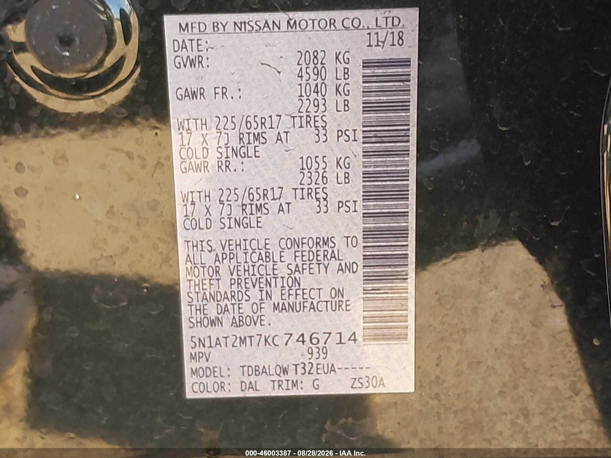 2019 Nissan Rogue Sv Green vin: 5N1AT2MT7KC746714
