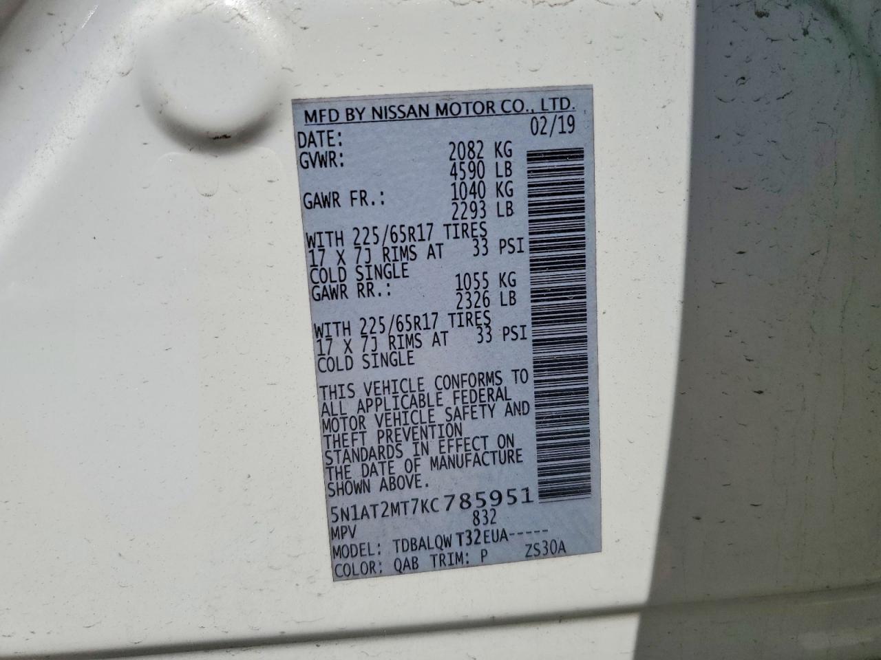 2019 Nissan Rogue Sv White vin: 5N1AT2MT7KC785951