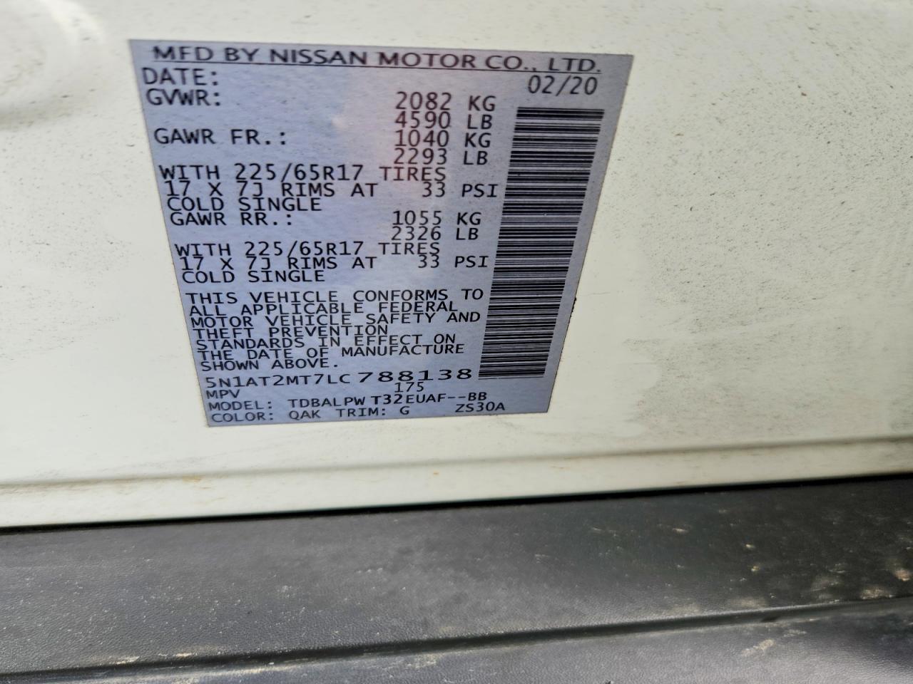 2020 Nissan Rogue S White vin: 5N1AT2MT7LC788138