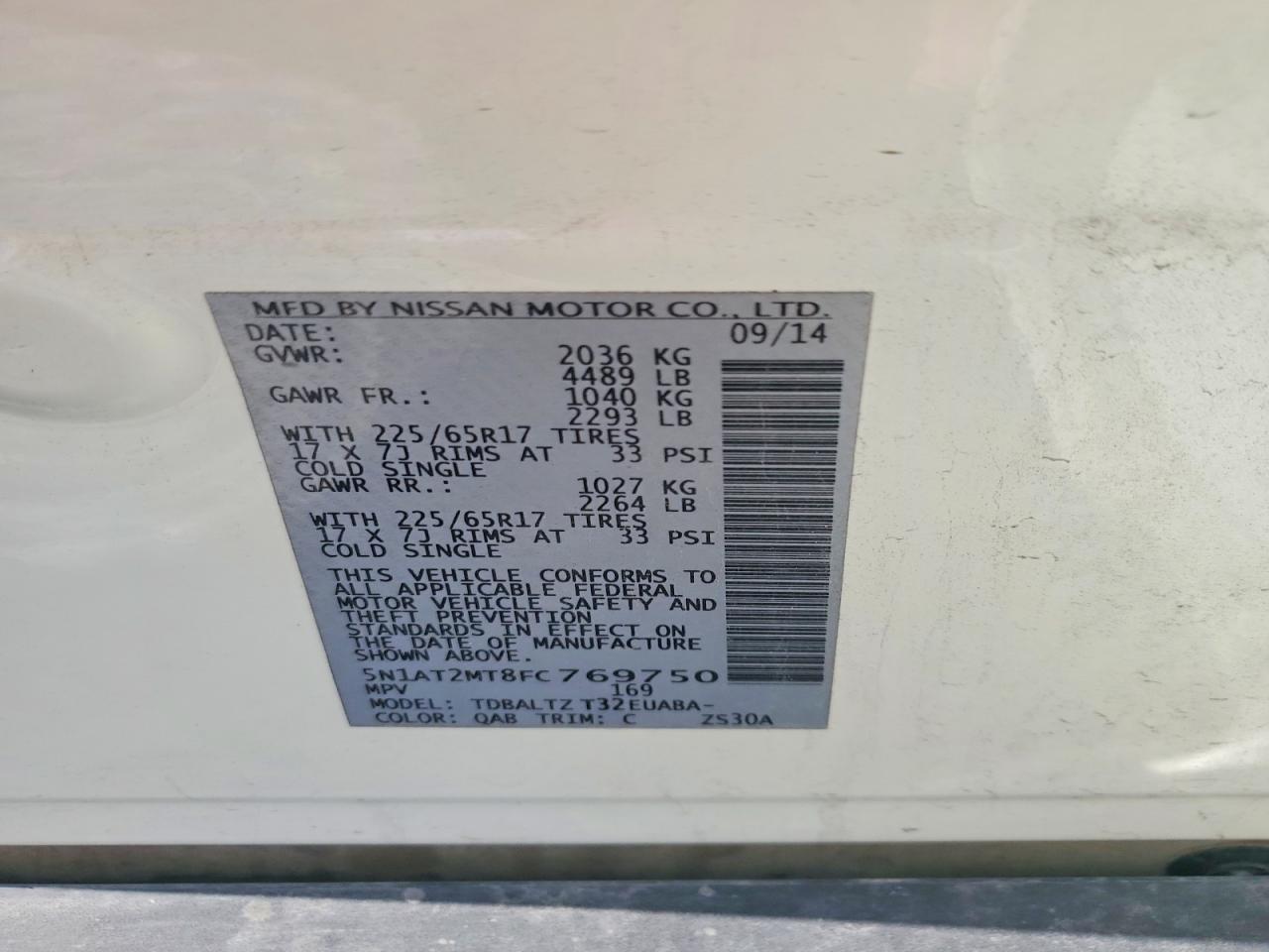 2015 Nissan Rogue Sv White vin: 5N1AT2MT8FC769750