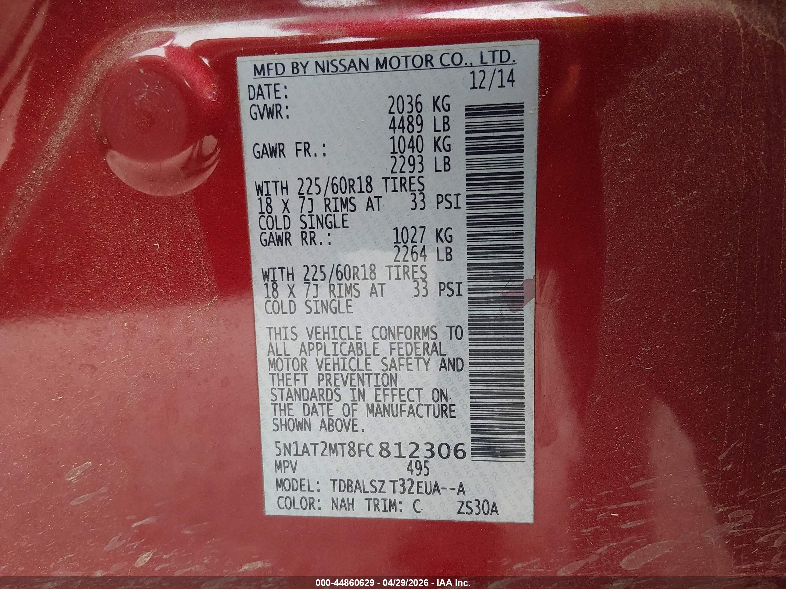 2015 Nissan Rogue Sl Red vin: 5N1AT2MT8FC812306