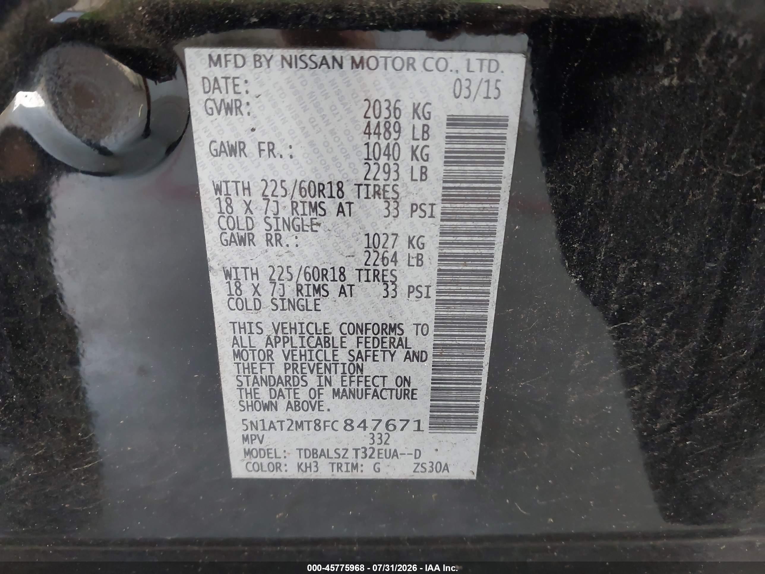 2015 Nissan Rogue Sl Black vin: 5N1AT2MT8FC847671