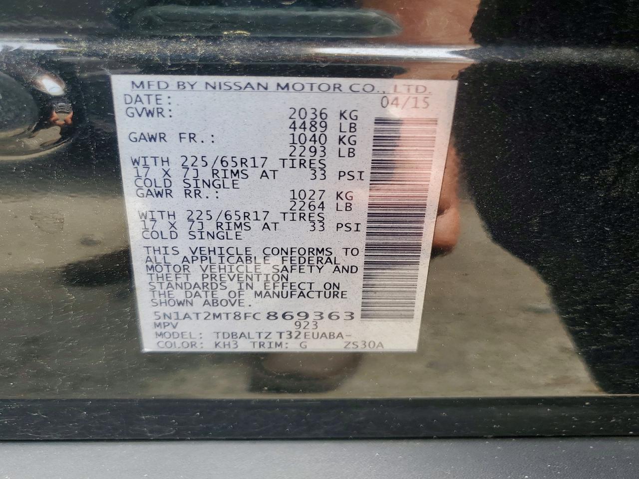 2015 Nissan Rogue Sv Black vin: 5N1AT2MT8FC869363