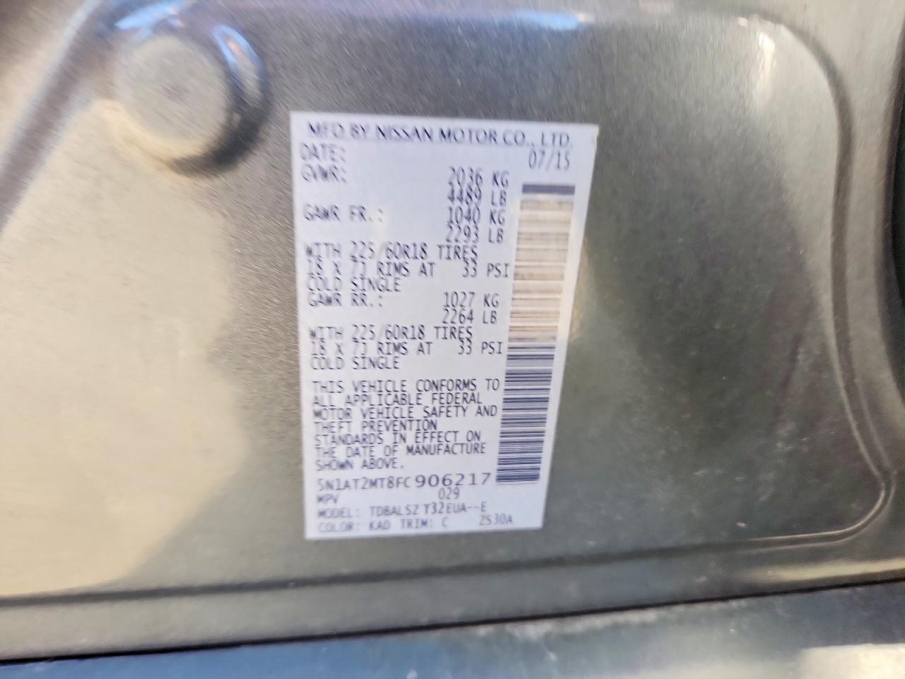 2015 Nissan Rogue Sl Gray vin: 5N1AT2MT8FC906217