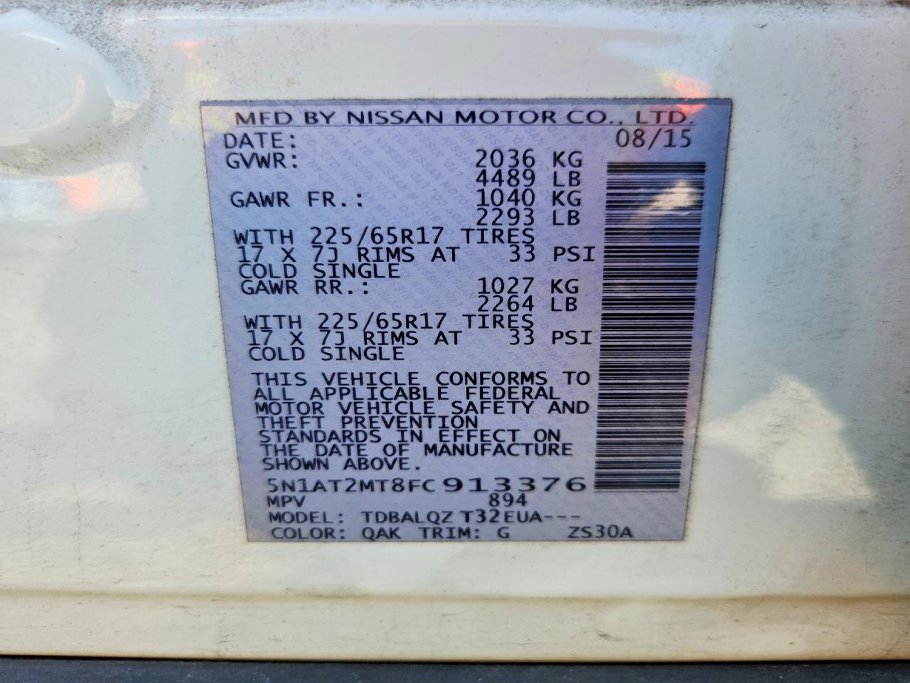 2015 Nissan Rogue Sv White vin: 5N1AT2MT8FC913376
