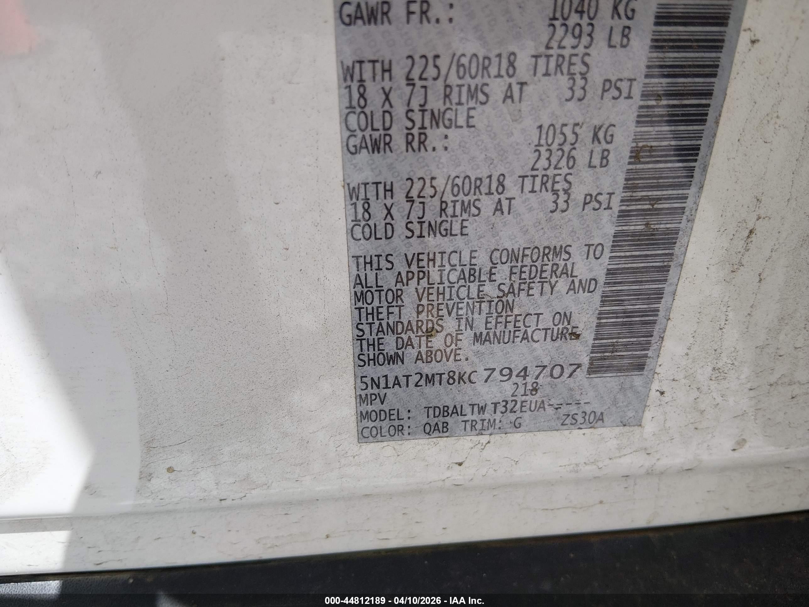 2019 Nissan Rogue Sv White vin: 5N1AT2MT8KC794707