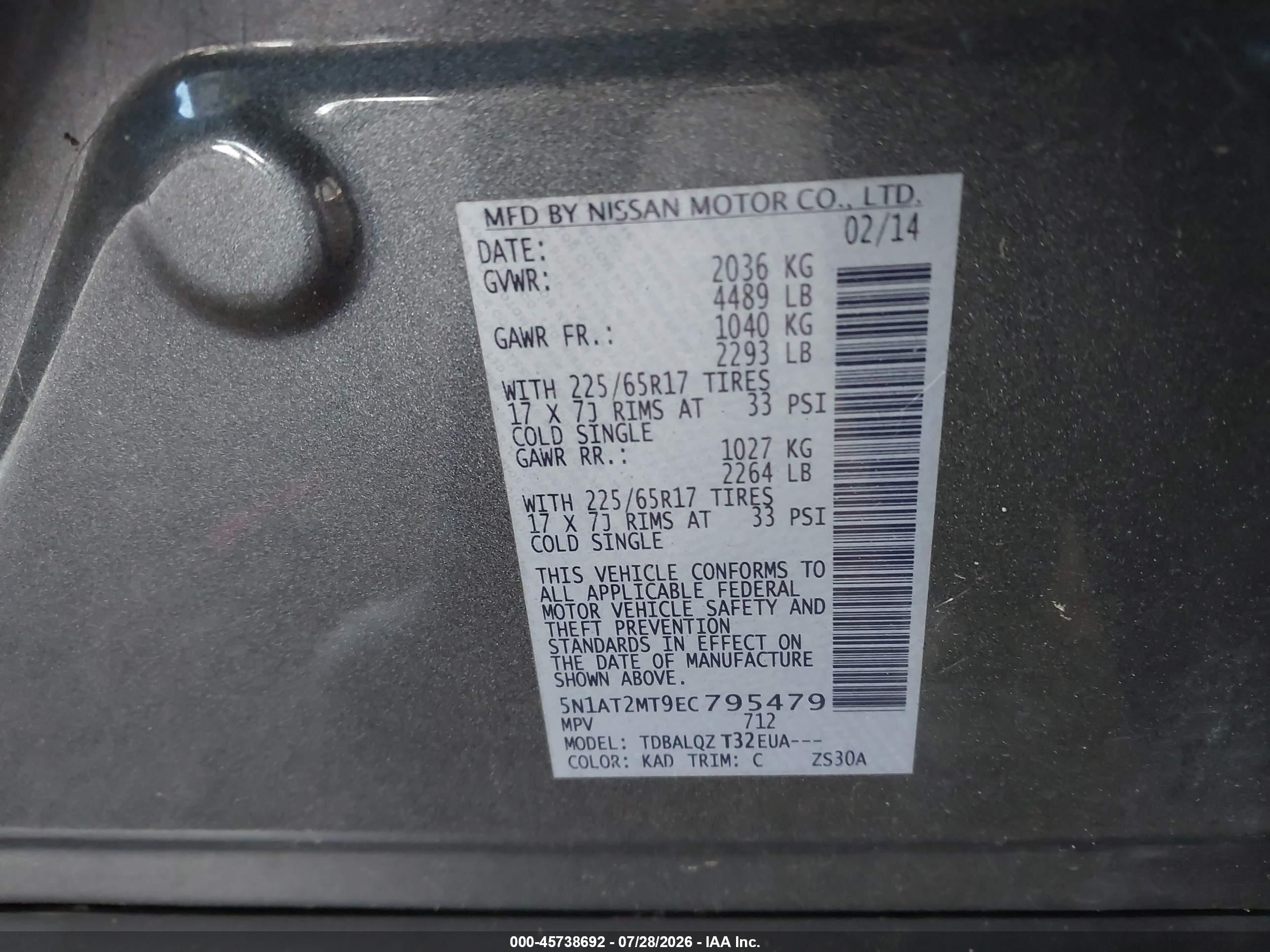 2014 Nissan Rogue Sv Gray vin: 5N1AT2MT9EC795479