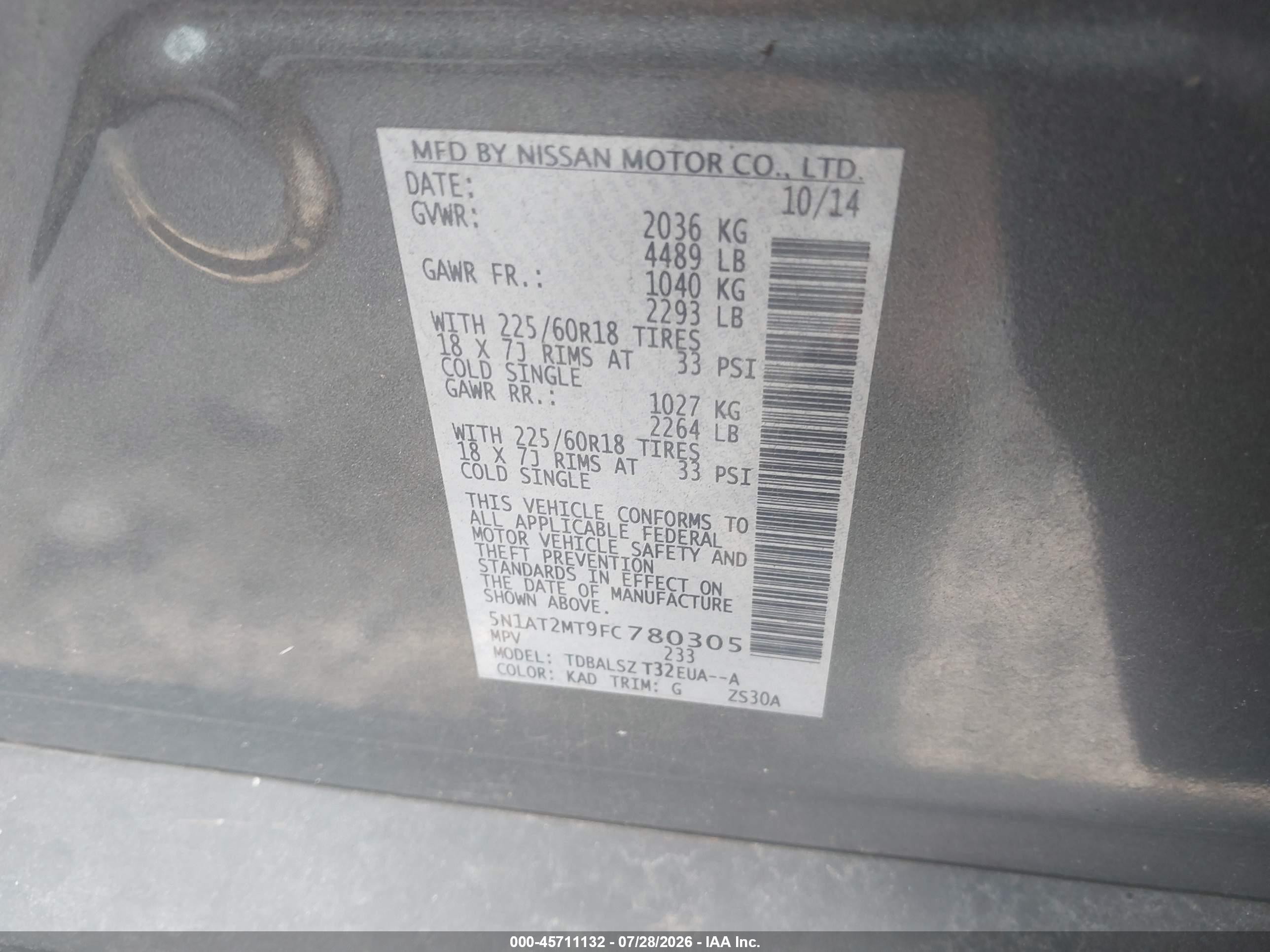 2015 Nissan Rogue Sl Gray vin: 5N1AT2MT9FC780305
