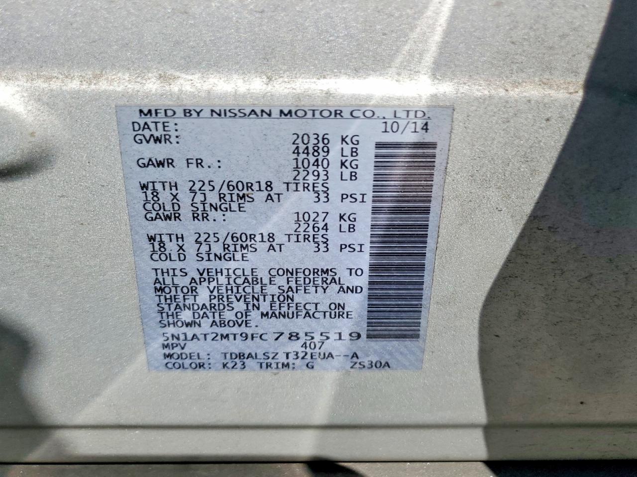 2015 Nissan Rogue Sl Silver vin: 5N1AT2MT9FC785519