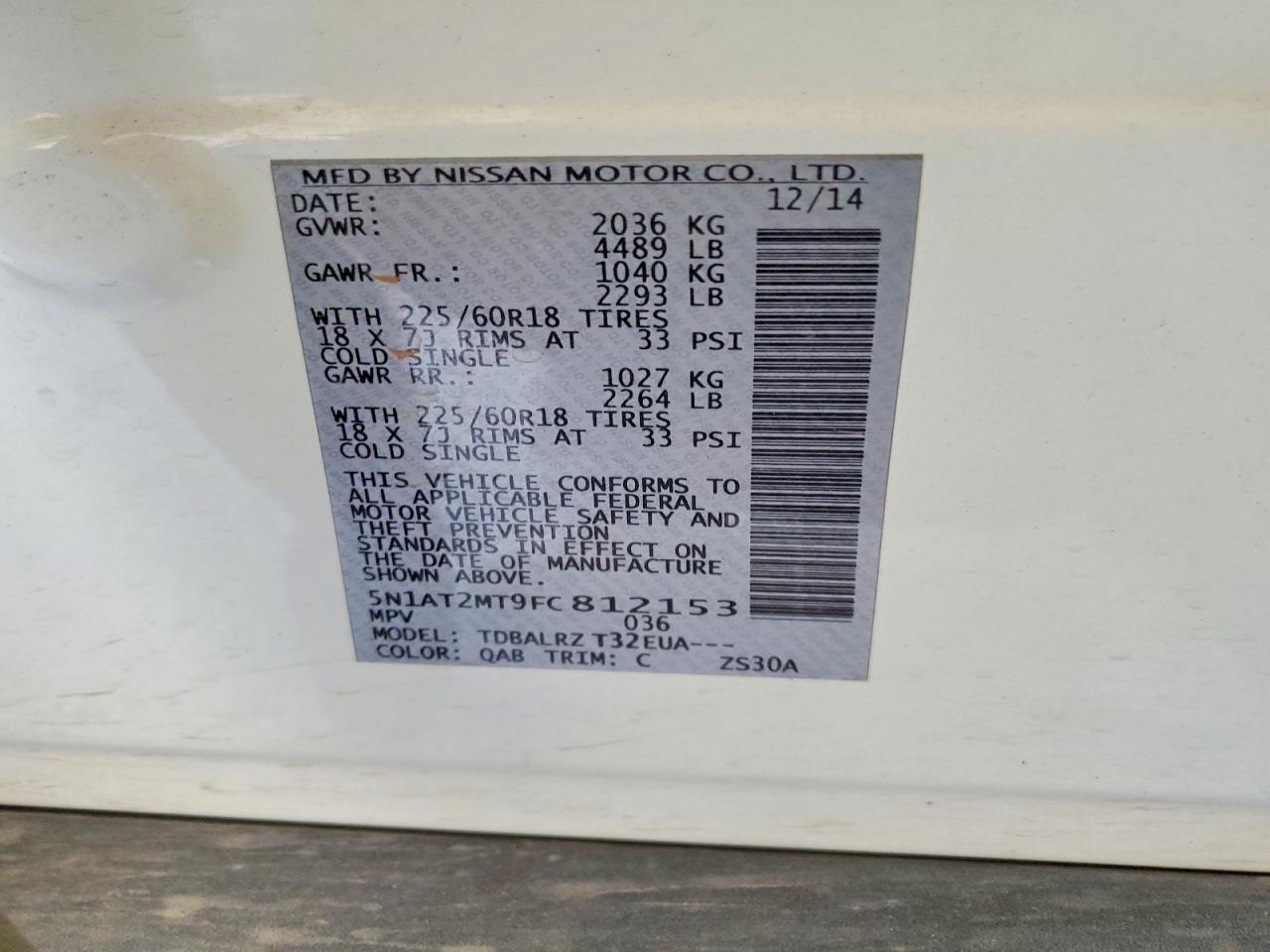 2015 Nissan Rogue Sl White vin: 5N1AT2MT9FC812153