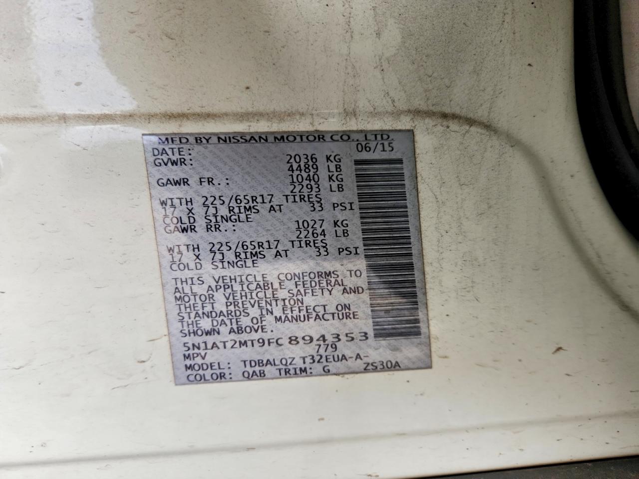 2015 Nissan Rogue Sv White vin: 5N1AT2MT9FC894353