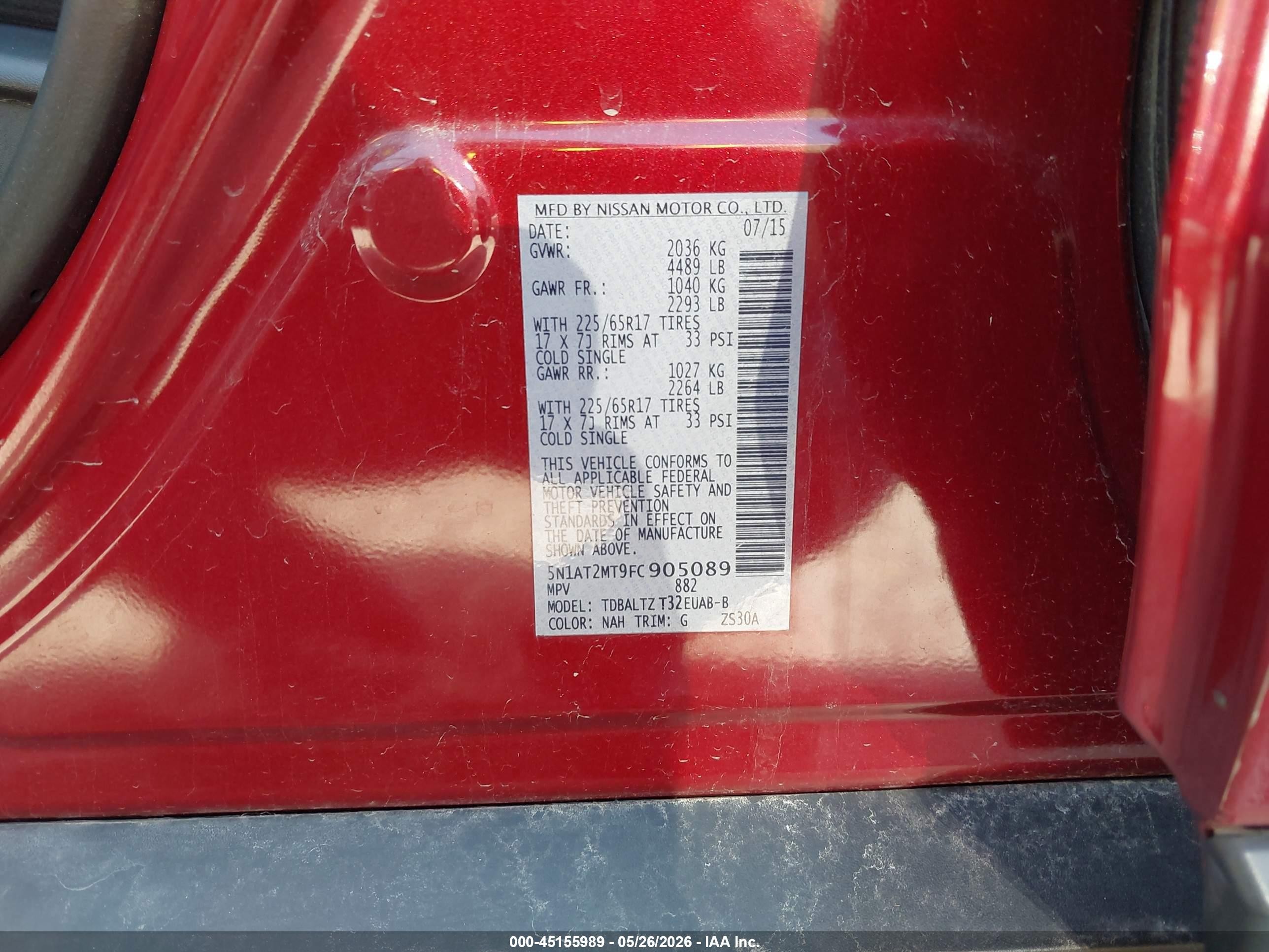 2015 Nissan Rogue Sv Red vin: 5N1AT2MT9FC905089