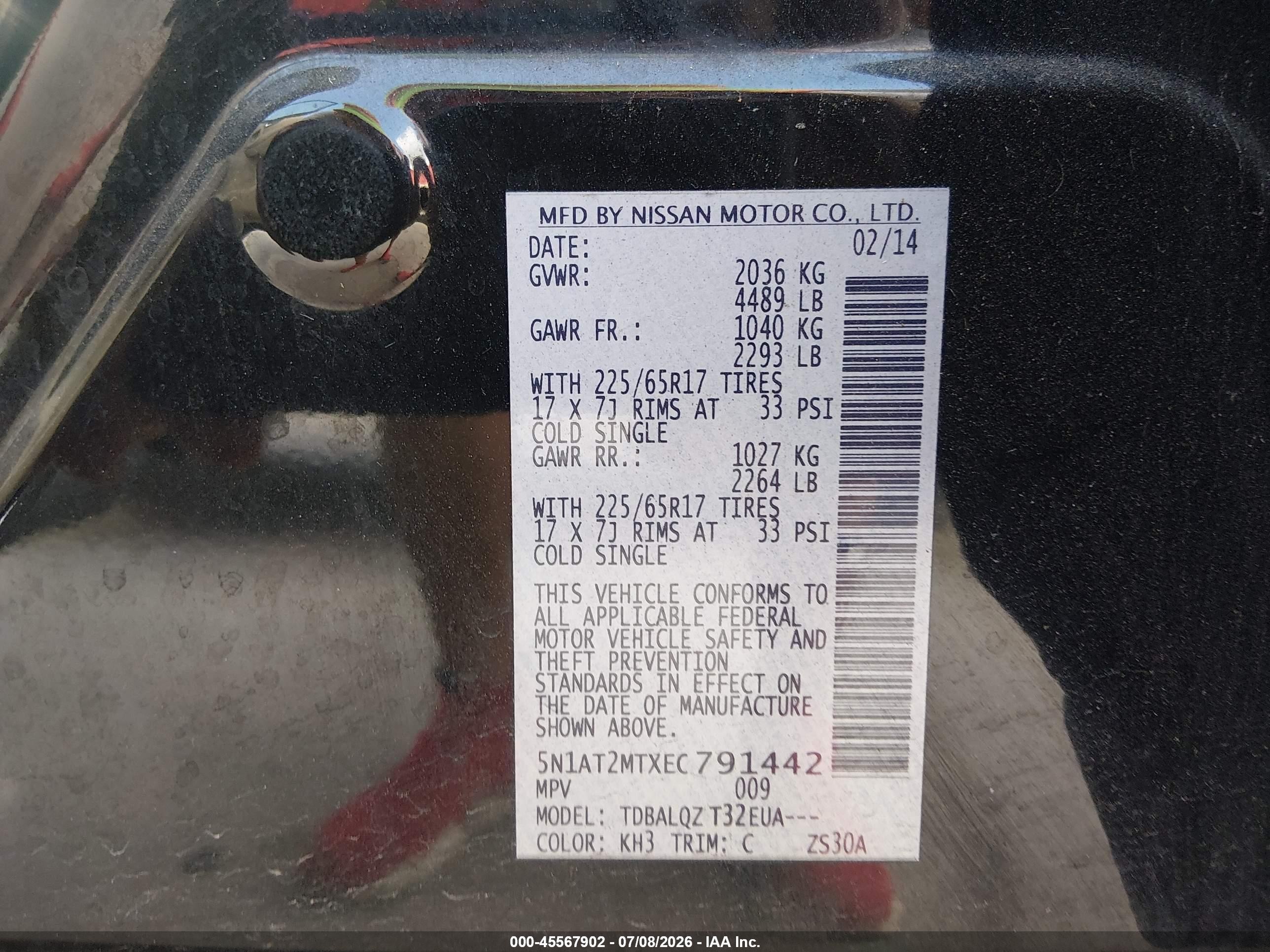 2014 Nissan Rogue S/sl/sv Black vin: 5N1AT2MTXEC791442
