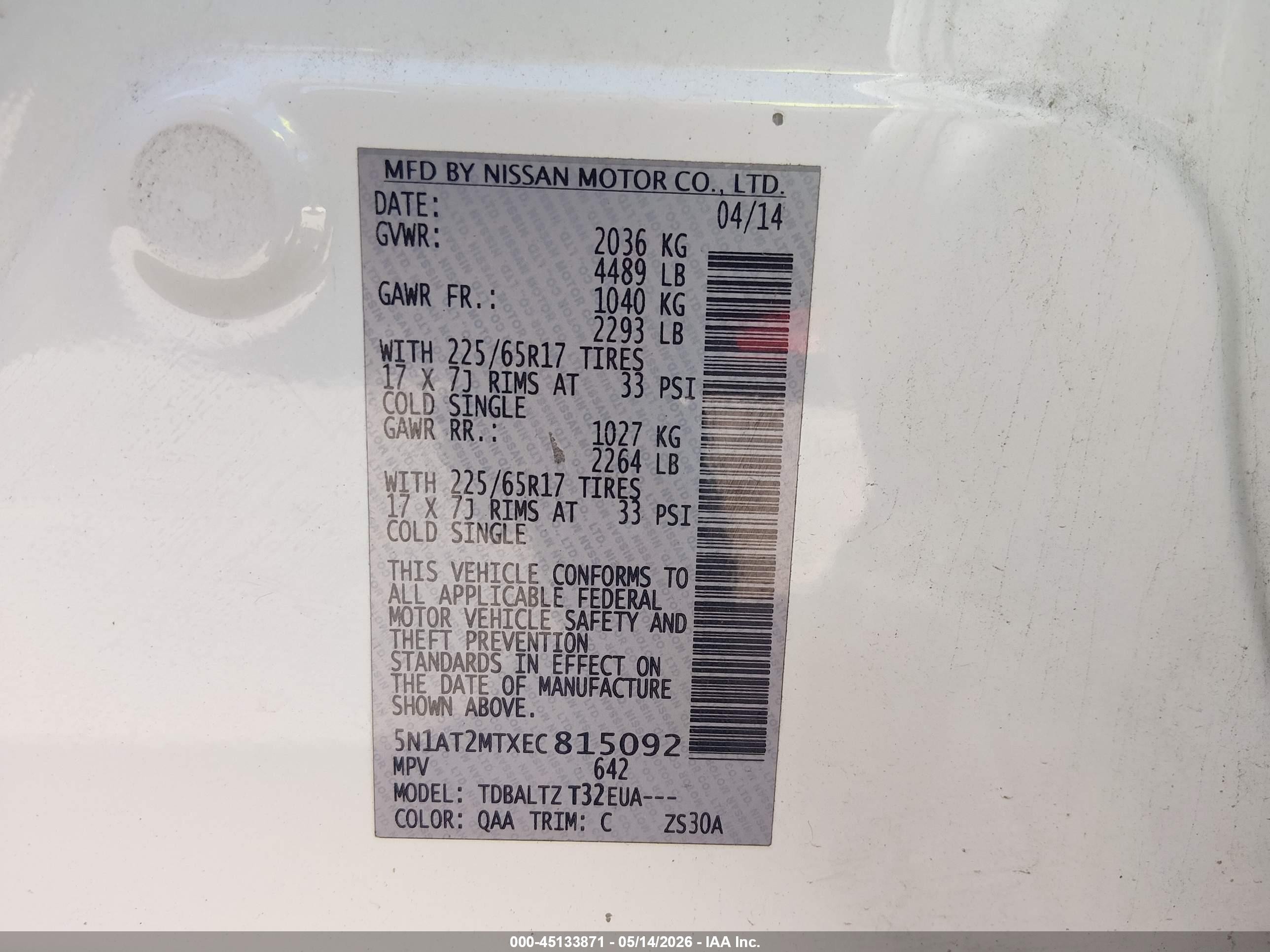 2014 Nissan Rogue Sv White vin: 5N1AT2MTXEC815092