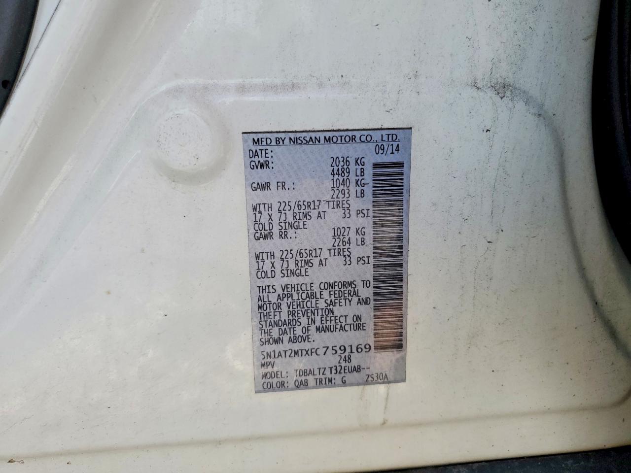 2015 Nissan Rogue Sv White vin: 5N1AT2MTXFC759169