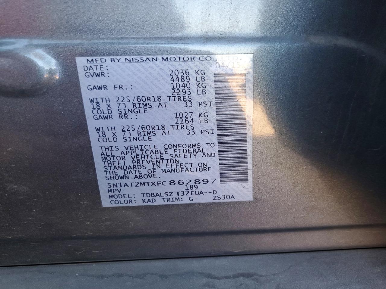 2015 Nissan Rogue Sl Charcoal vin: 5N1AT2MTXFC862897