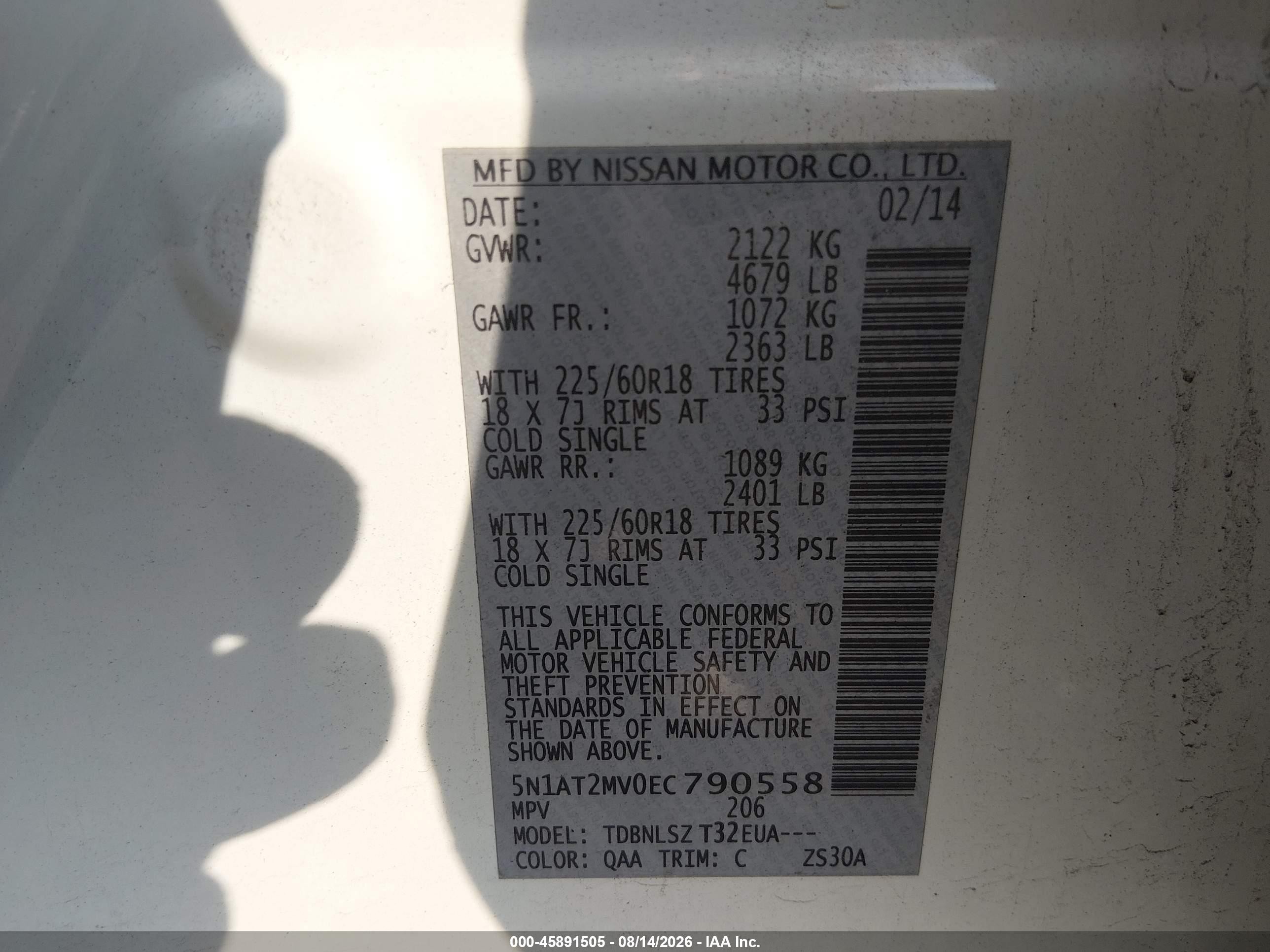 2014 Nissan Rogue Sl White vin: 5N1AT2MV0EC790558