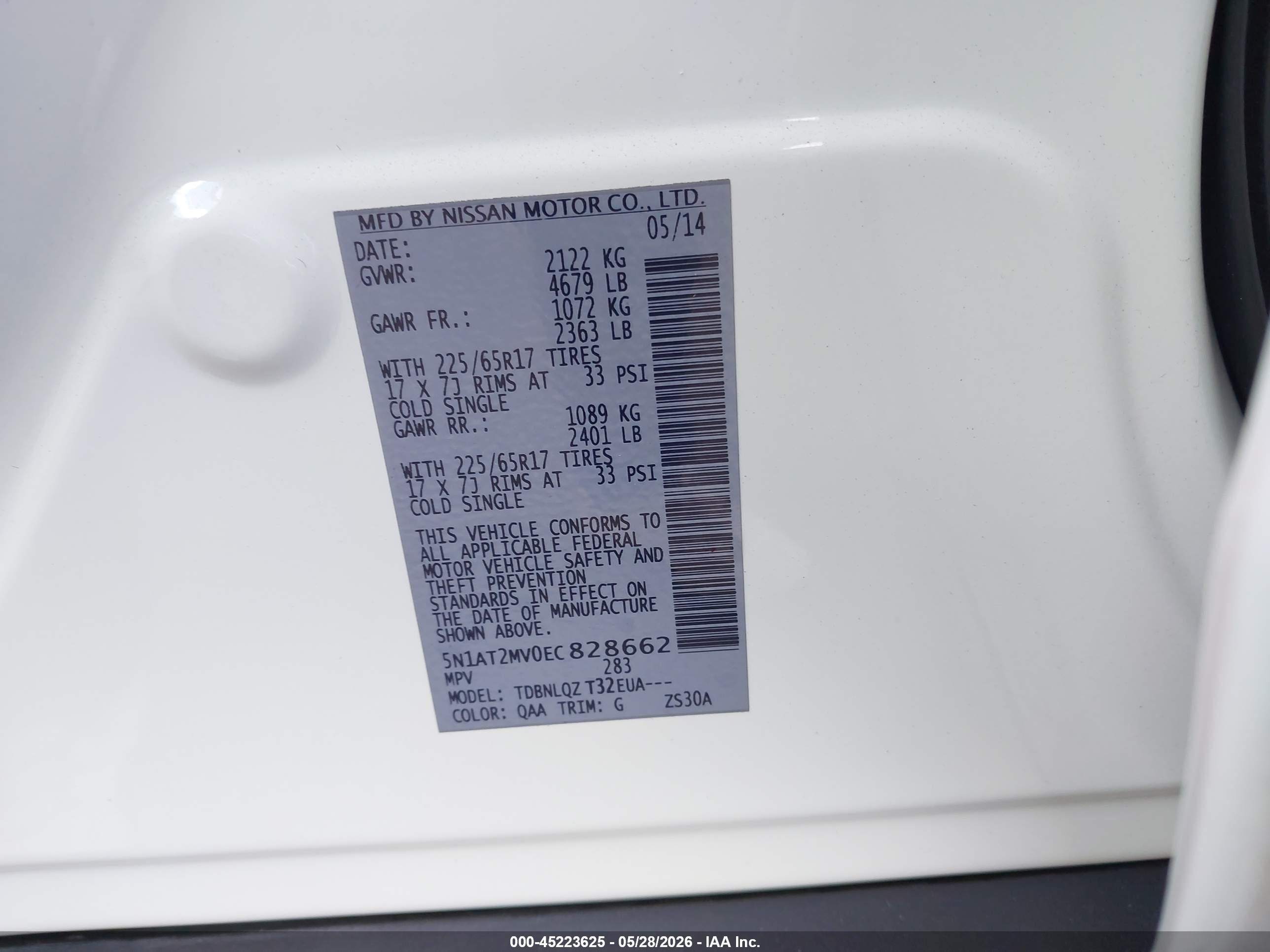 2014 Nissan Rogue Sv White vin: 5N1AT2MV0EC828662