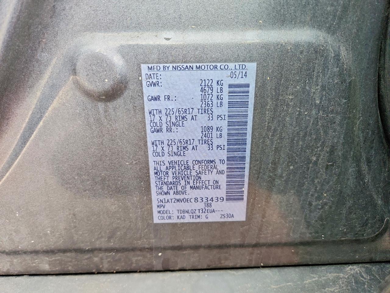 2014 Nissan Rogue Sv Gray vin: 5N1AT2MV0EC833439