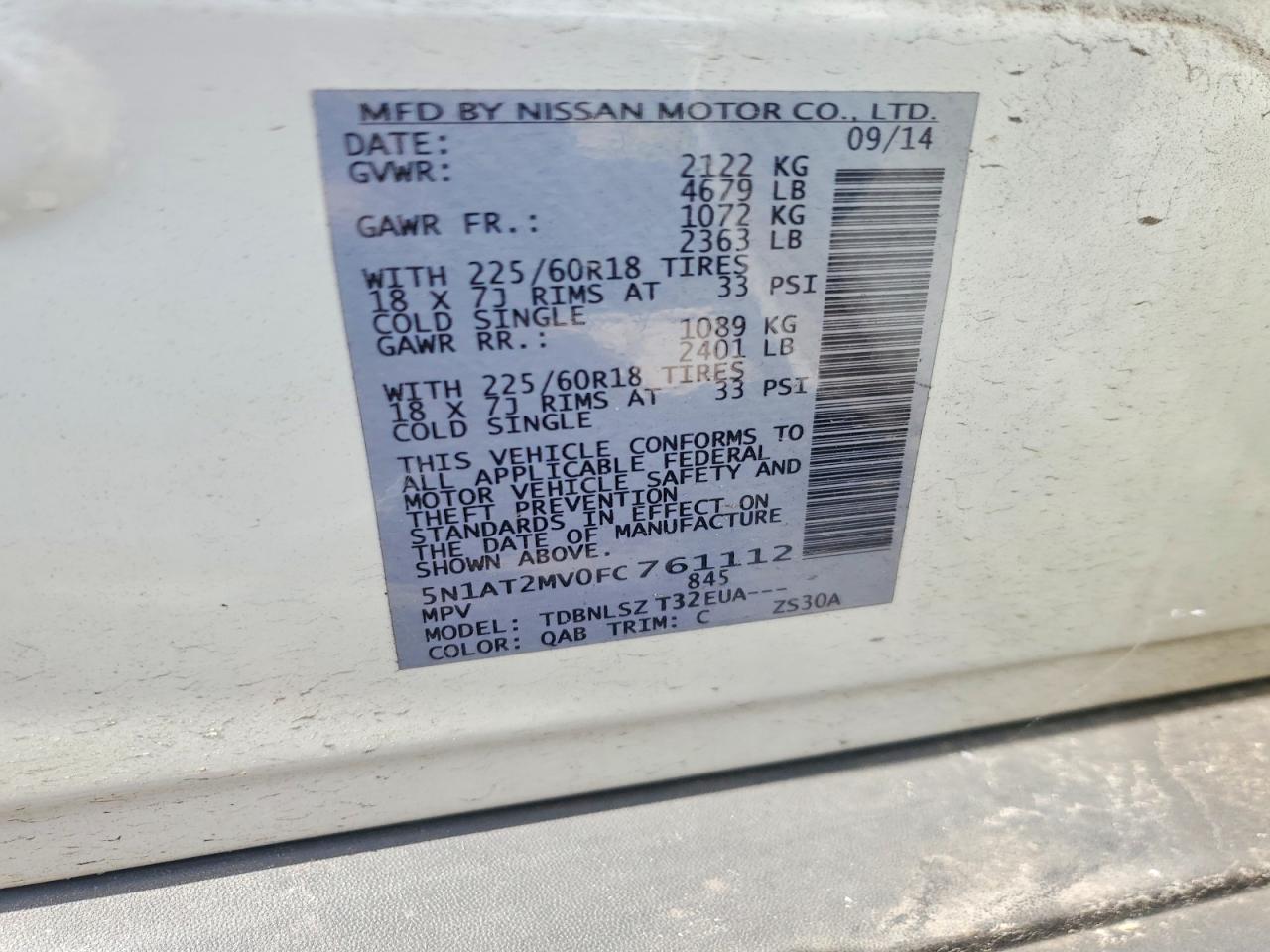 2015 Nissan Rogue Sl White vin: 5N1AT2MV0FC761112