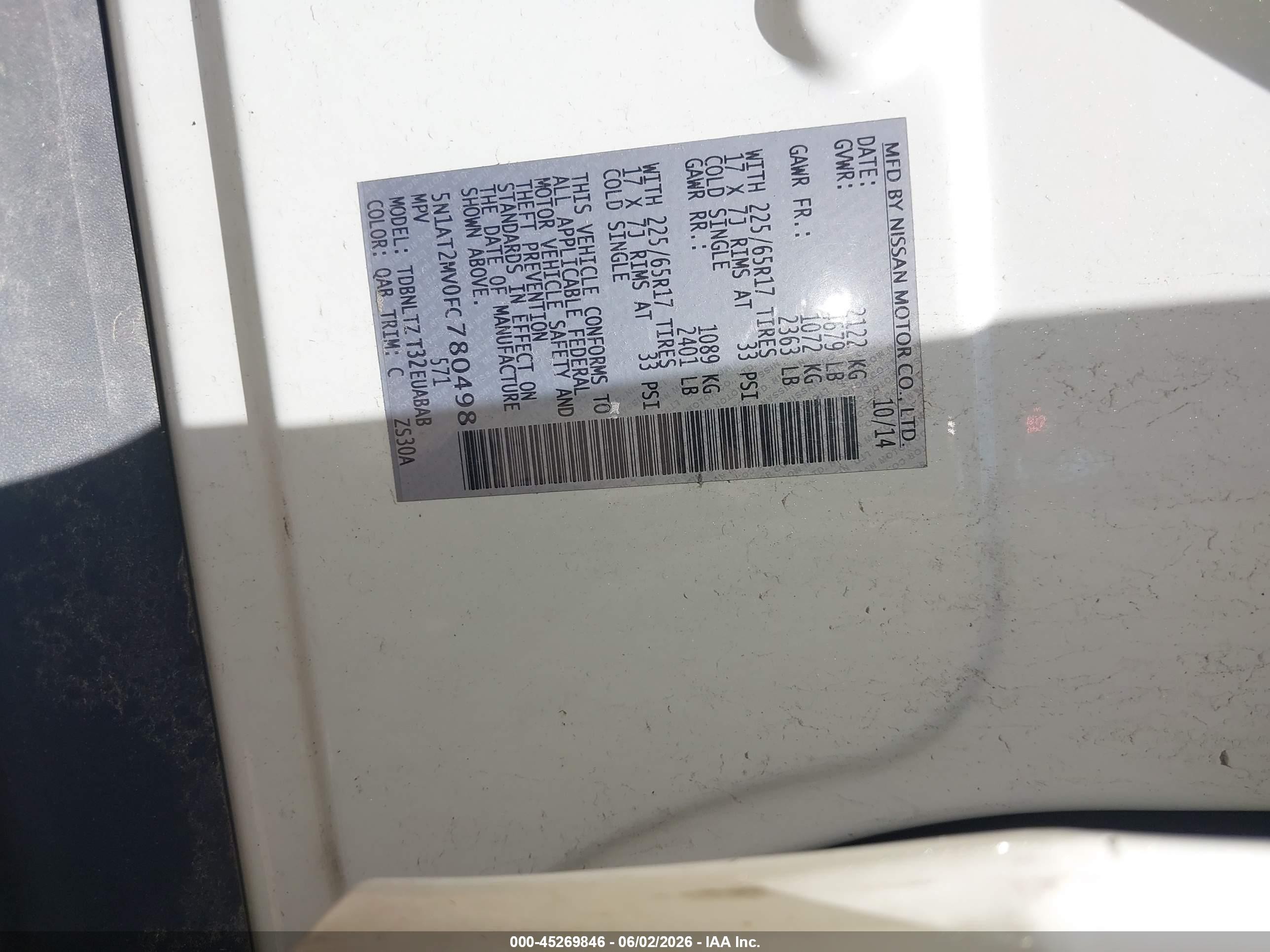 2015 Nissan Rogue Sv White vin: 5N1AT2MV0FC780498