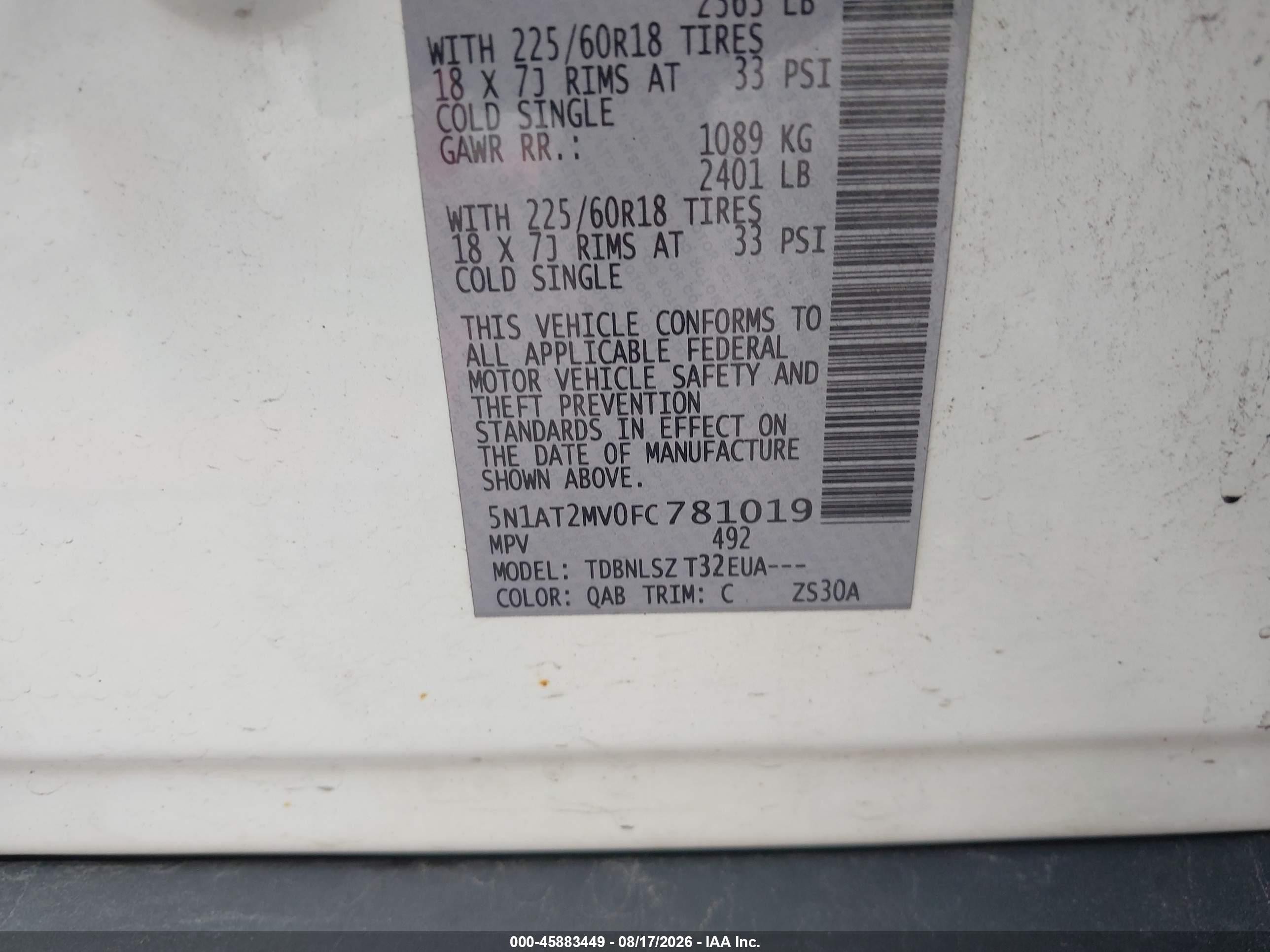 2015 Nissan Rogue Sl White vin: 5N1AT2MV0FC781019