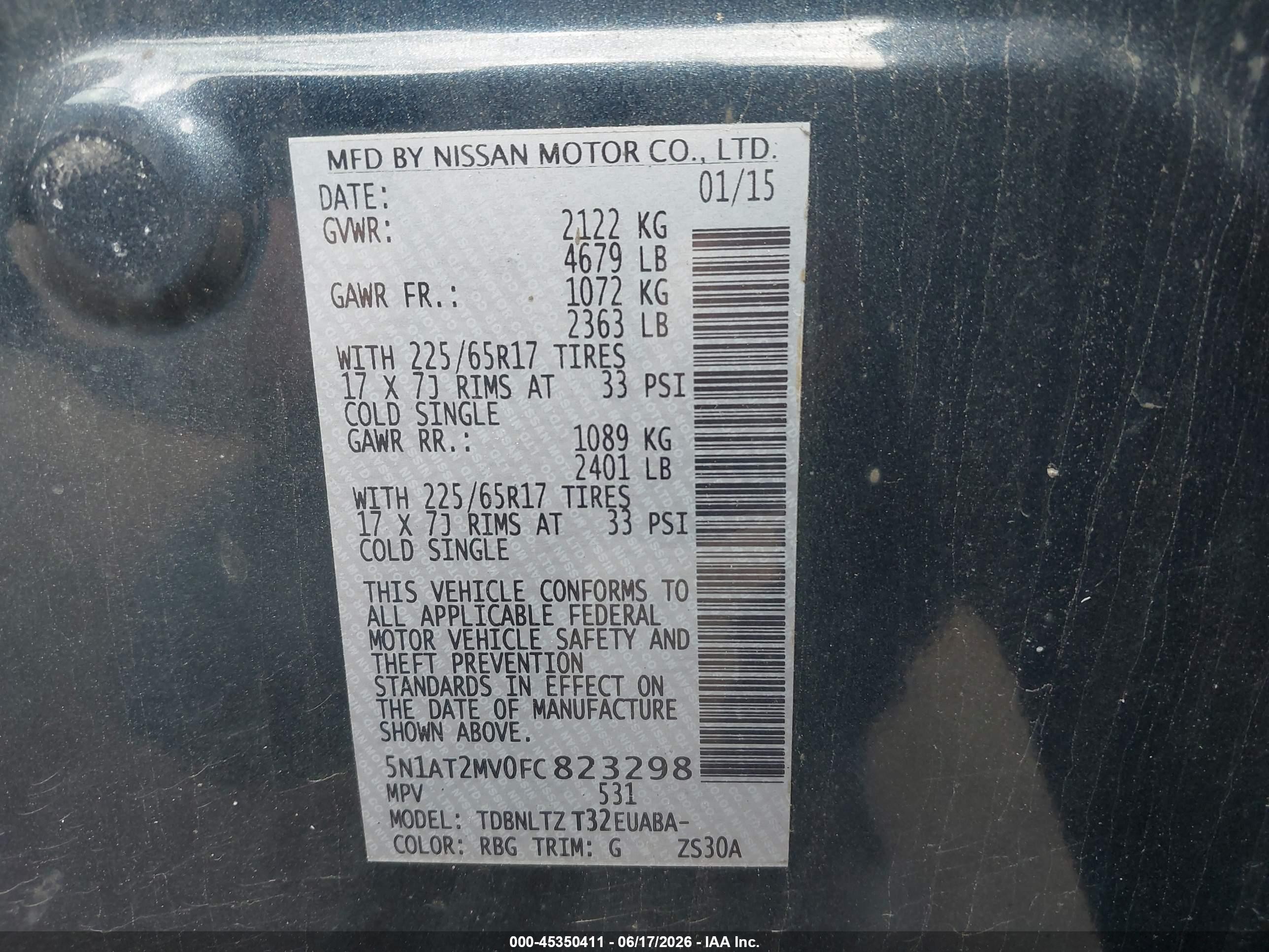 2015 Nissan Rogue Sv Blue vin: 5N1AT2MV0FC823298