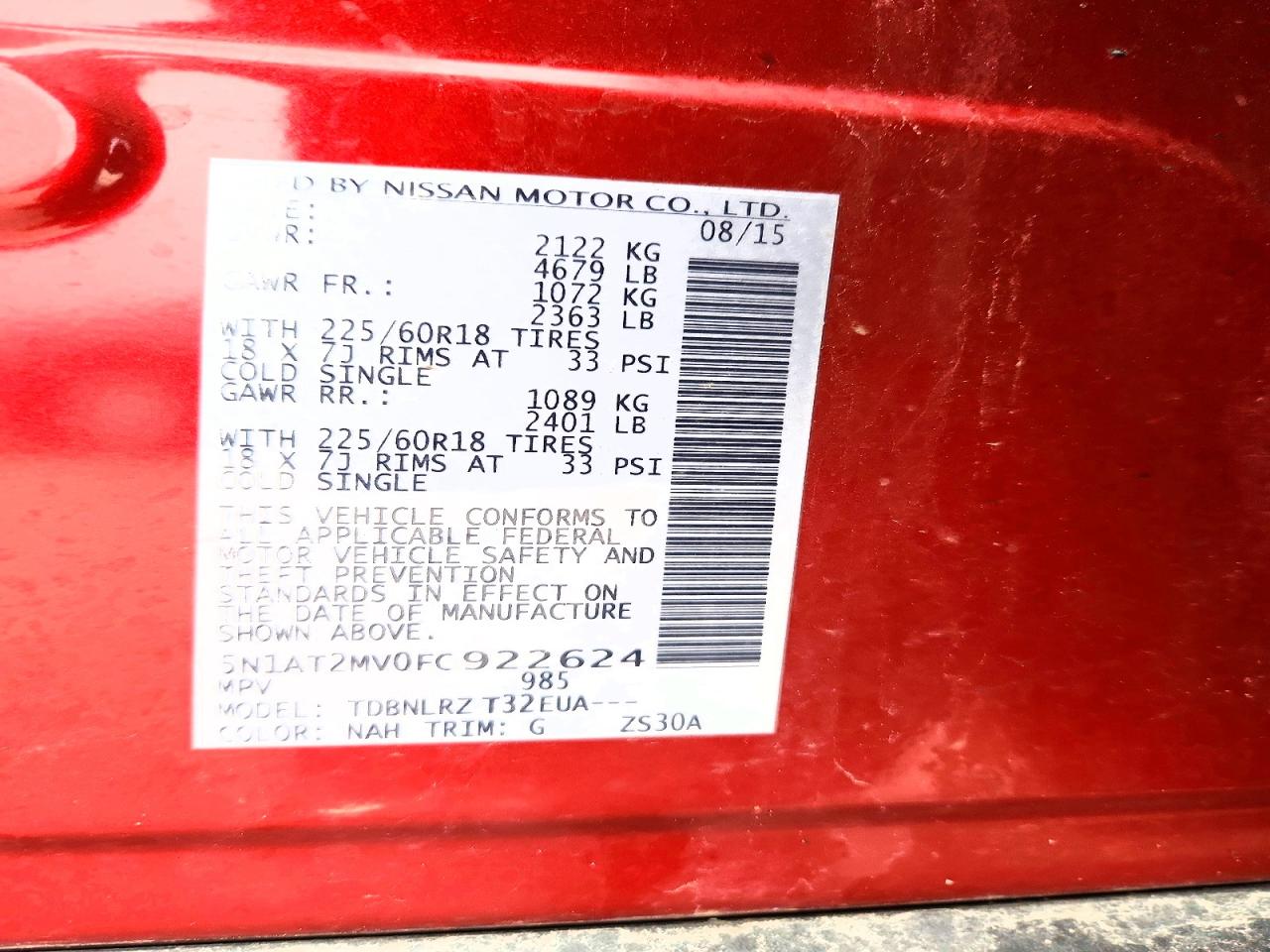 2015 Nissan Rogue Sl Бордовый vin: 5N1AT2MV0FC922624
