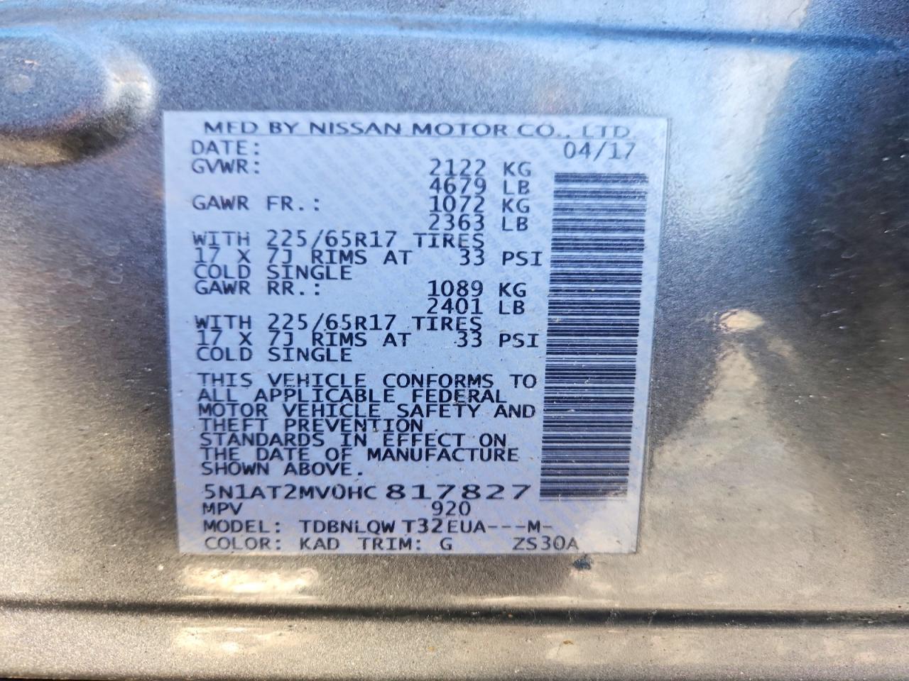 2017 Nissan Rogue Sv Gray vin: 5N1AT2MV0HC817827