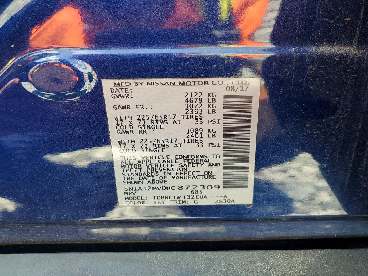 2017 Nissan Rogue Sv Blue vin: 5N1AT2MV0HC872309