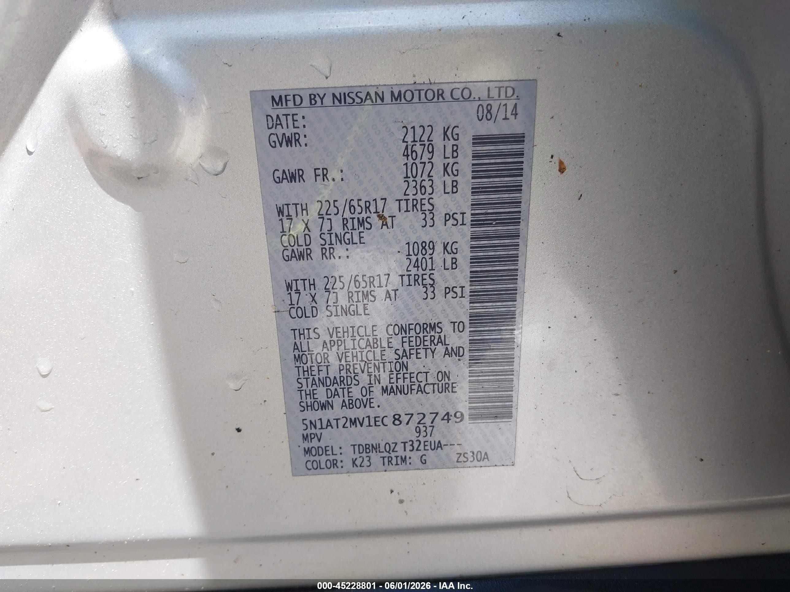 2014 Nissan Rogue Sv Gray vin: 5N1AT2MV1EC872749