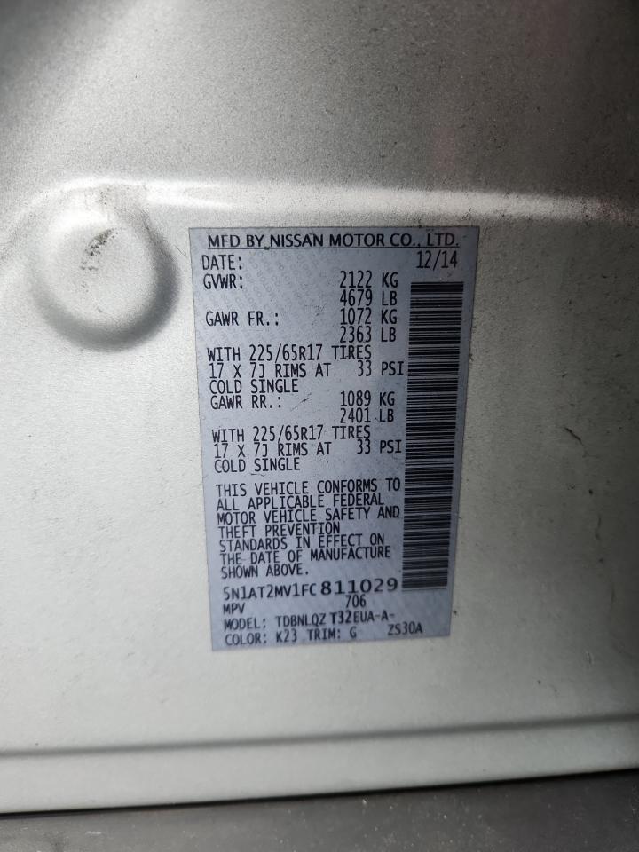 2015 Nissan Rogue Sv Gray vin: 5N1AT2MV1FC811029