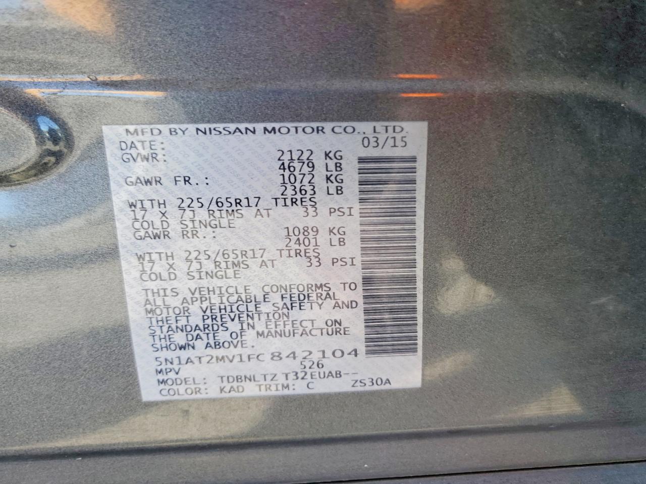 2015 Nissan Rogue Sv Charcoal vin: 5N1AT2MV1FC842104