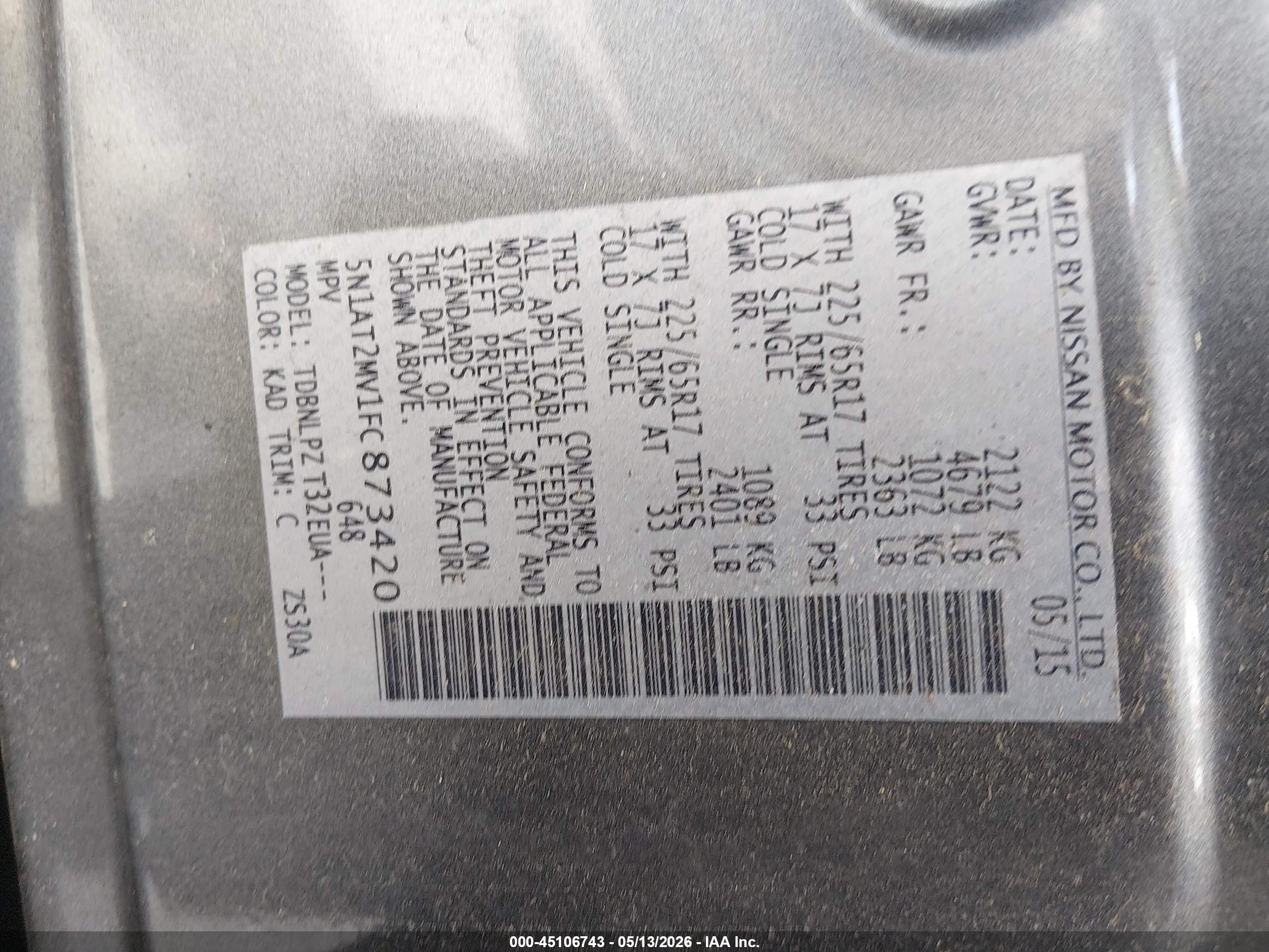 2015 Nissan Rogue S Gray vin: 5N1AT2MV1FC873420