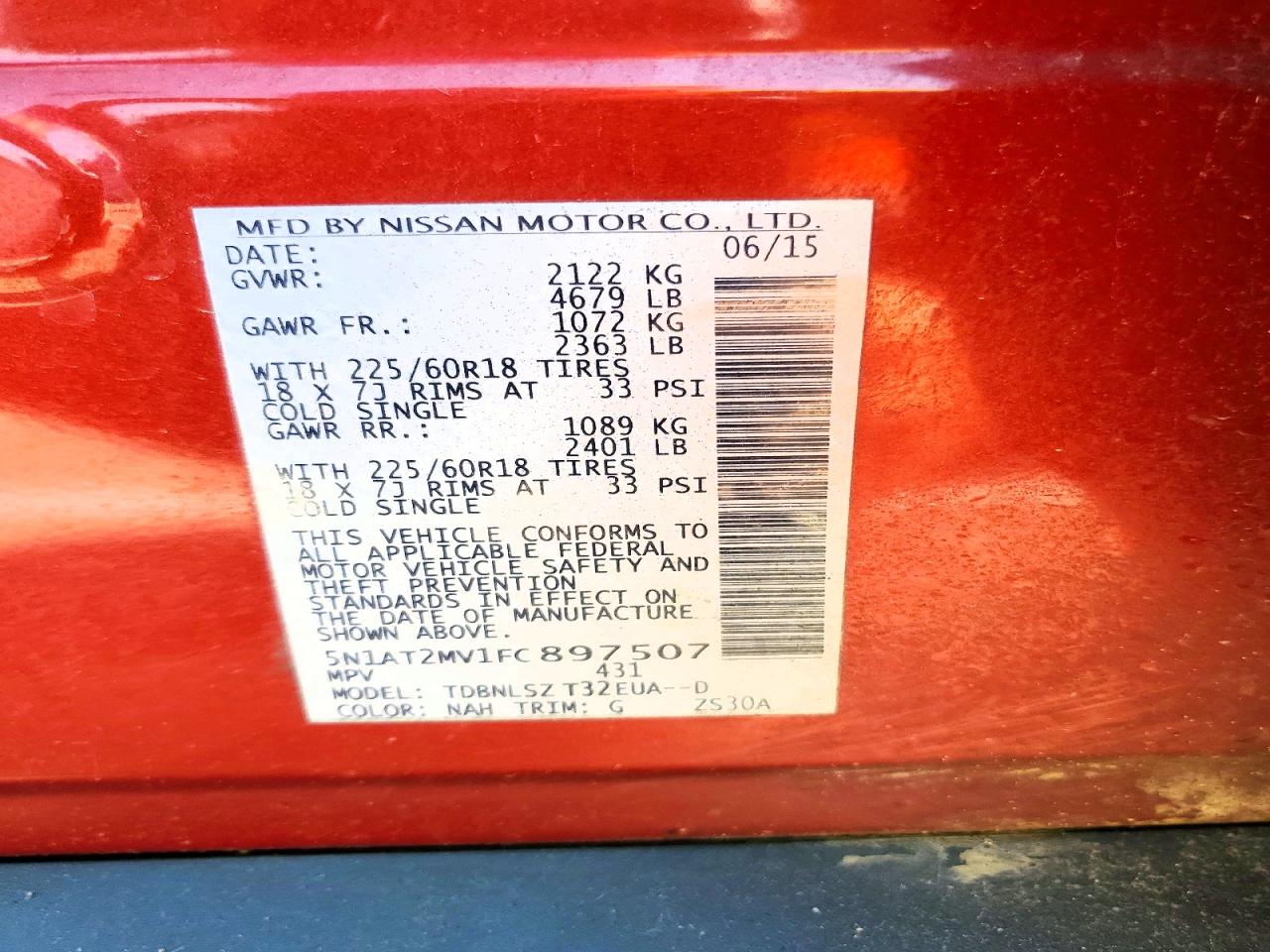 2015 Nissan Rogue Sl Red vin: 5N1AT2MV1FC897507