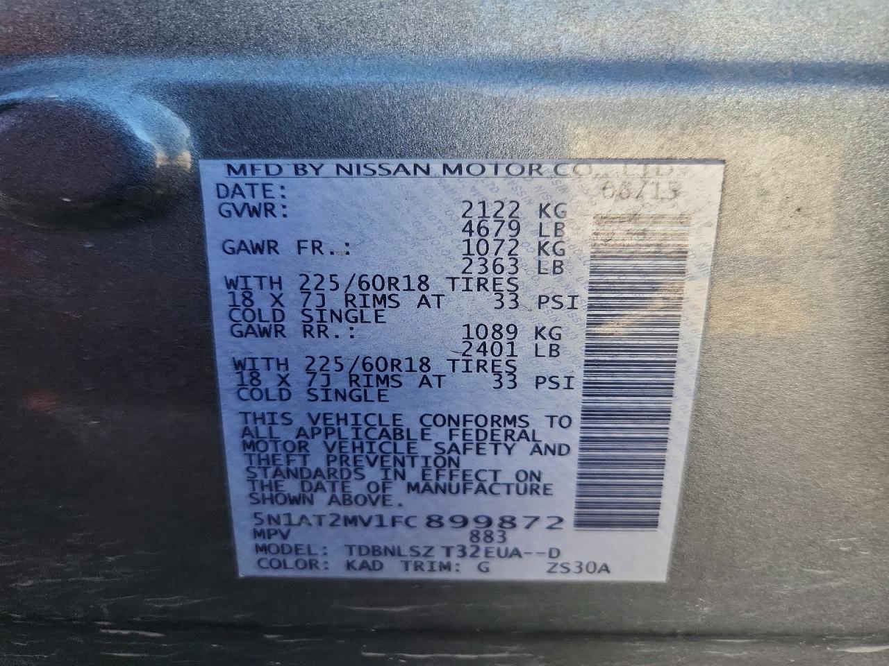 2015 Nissan Rogue Sl Gray vin: 5N1AT2MV1FC899872