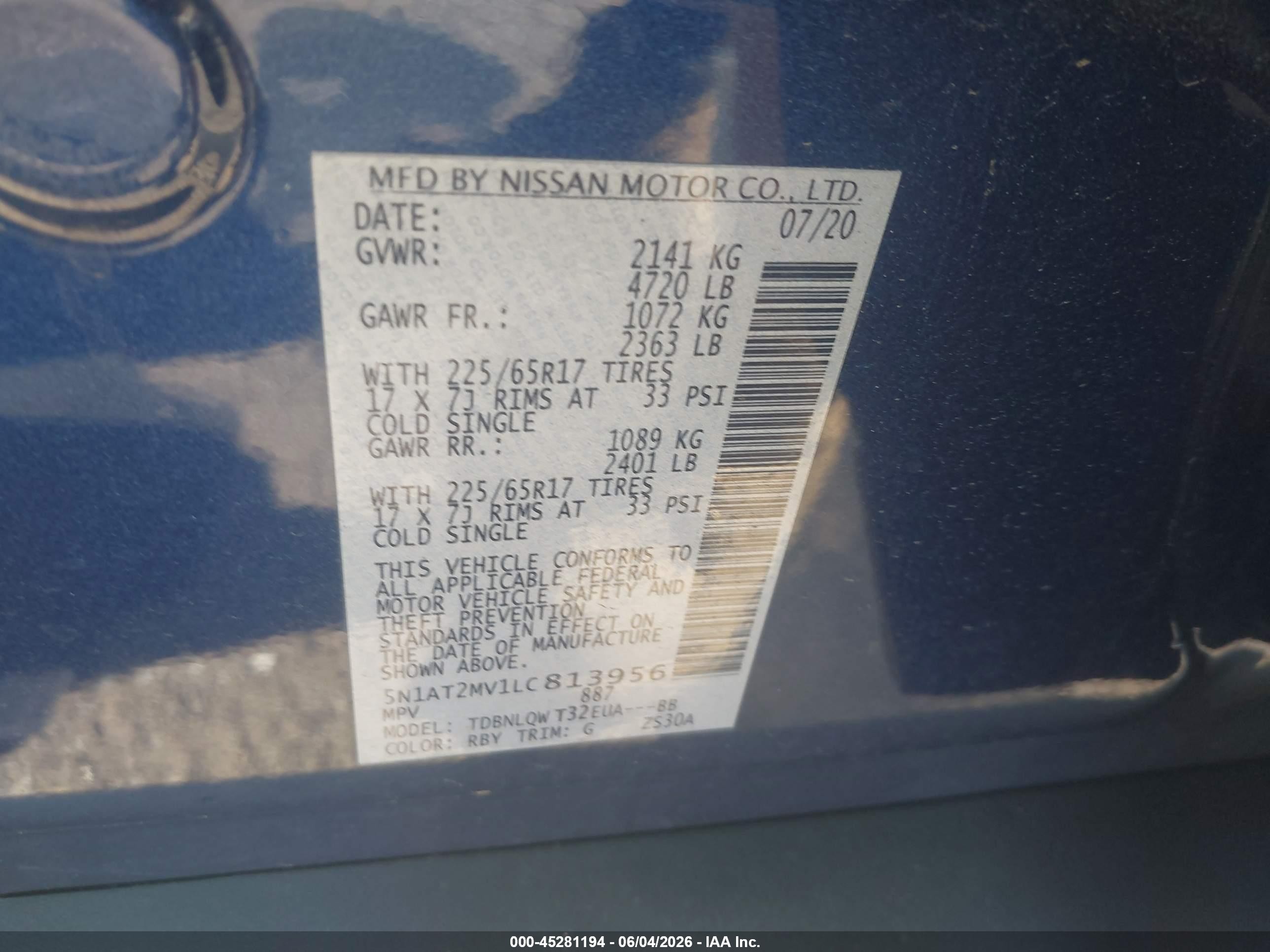 2020 Nissan Rogue Sv Intelligent Awd Blue vin: 5N1AT2MV1LC813956