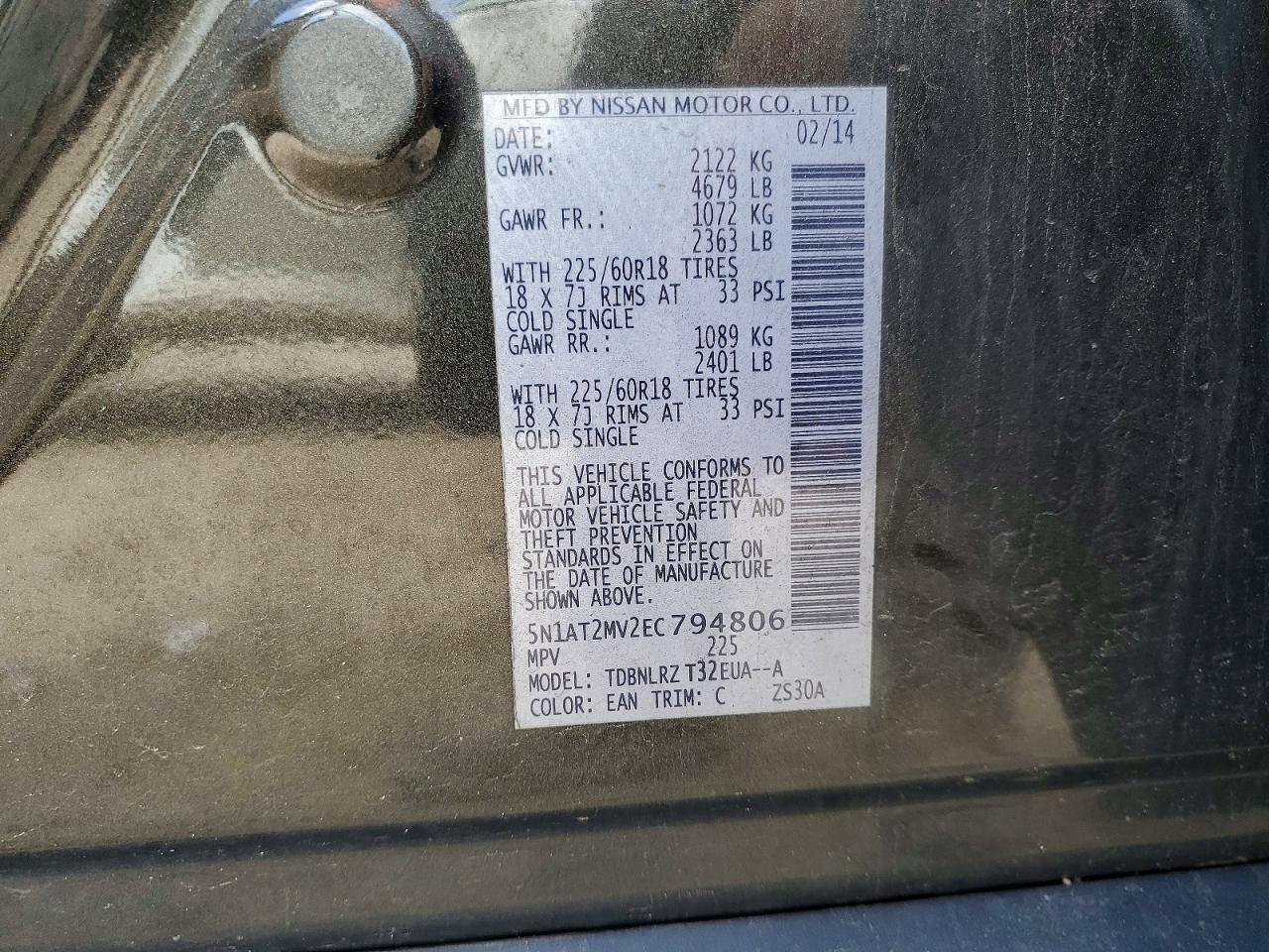 2014 Nissan Rogue Sl Green vin: 5N1AT2MV2EC794806