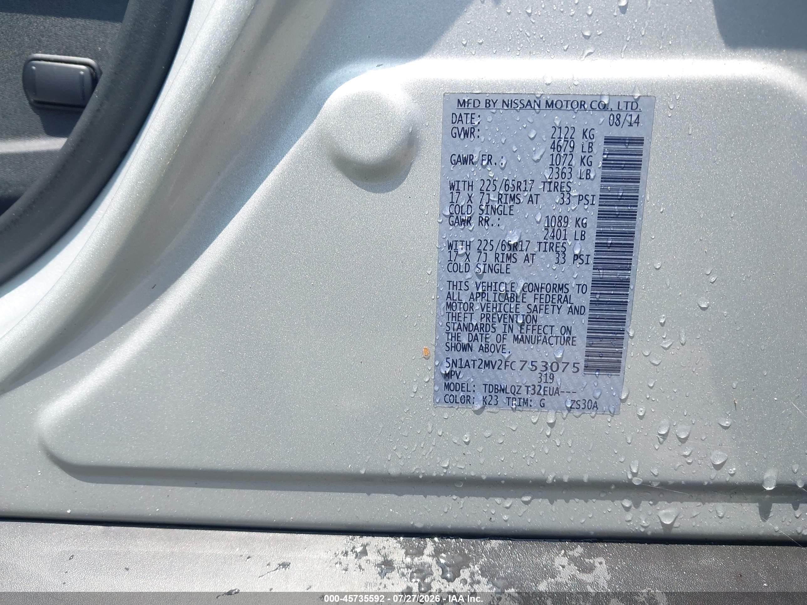 2015 Nissan Rogue Sv Silver vin: 5N1AT2MV2FC753075
