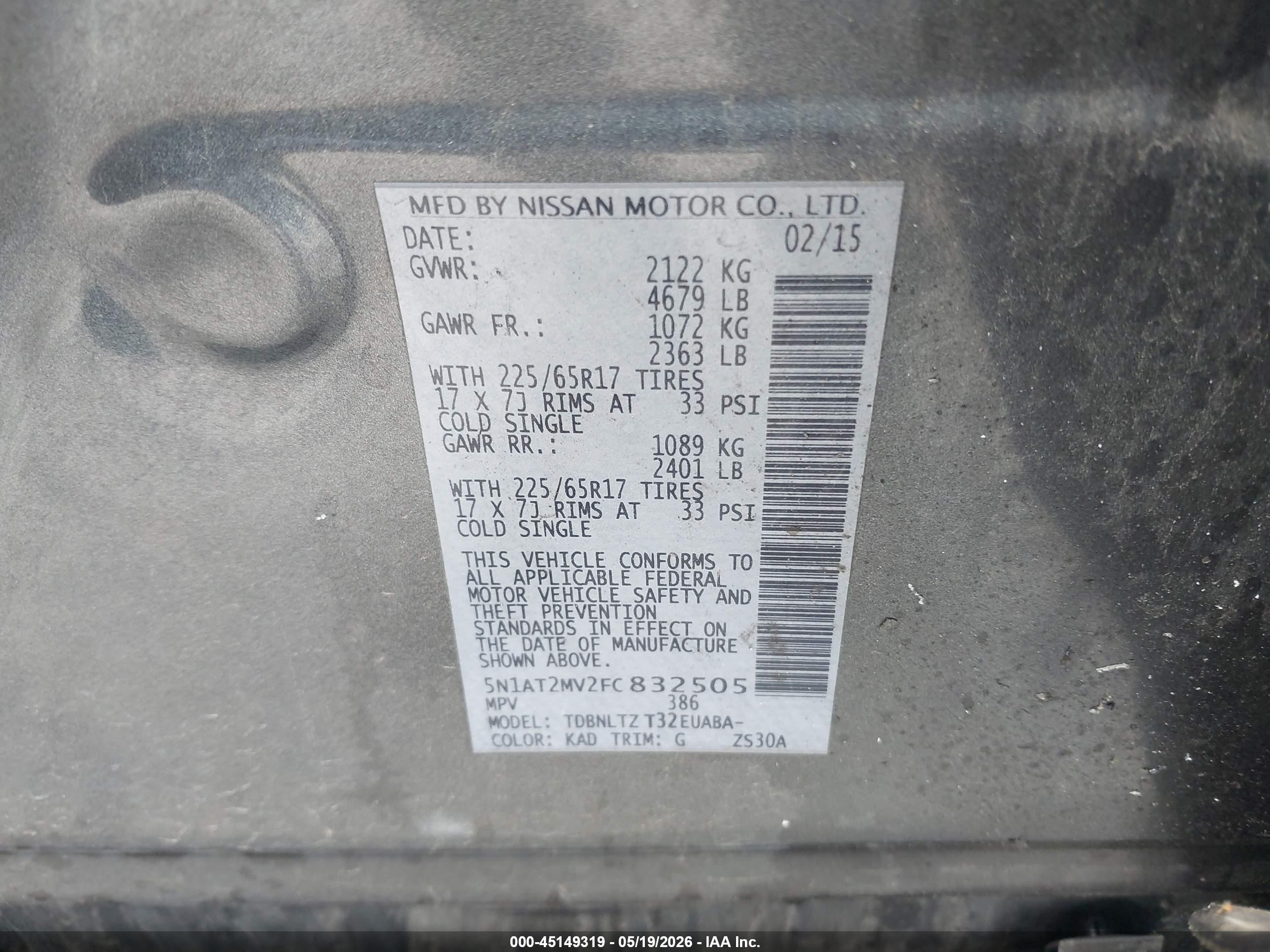 2015 Nissan Rogue Sv Gray vin: 5N1AT2MV2FC832505
