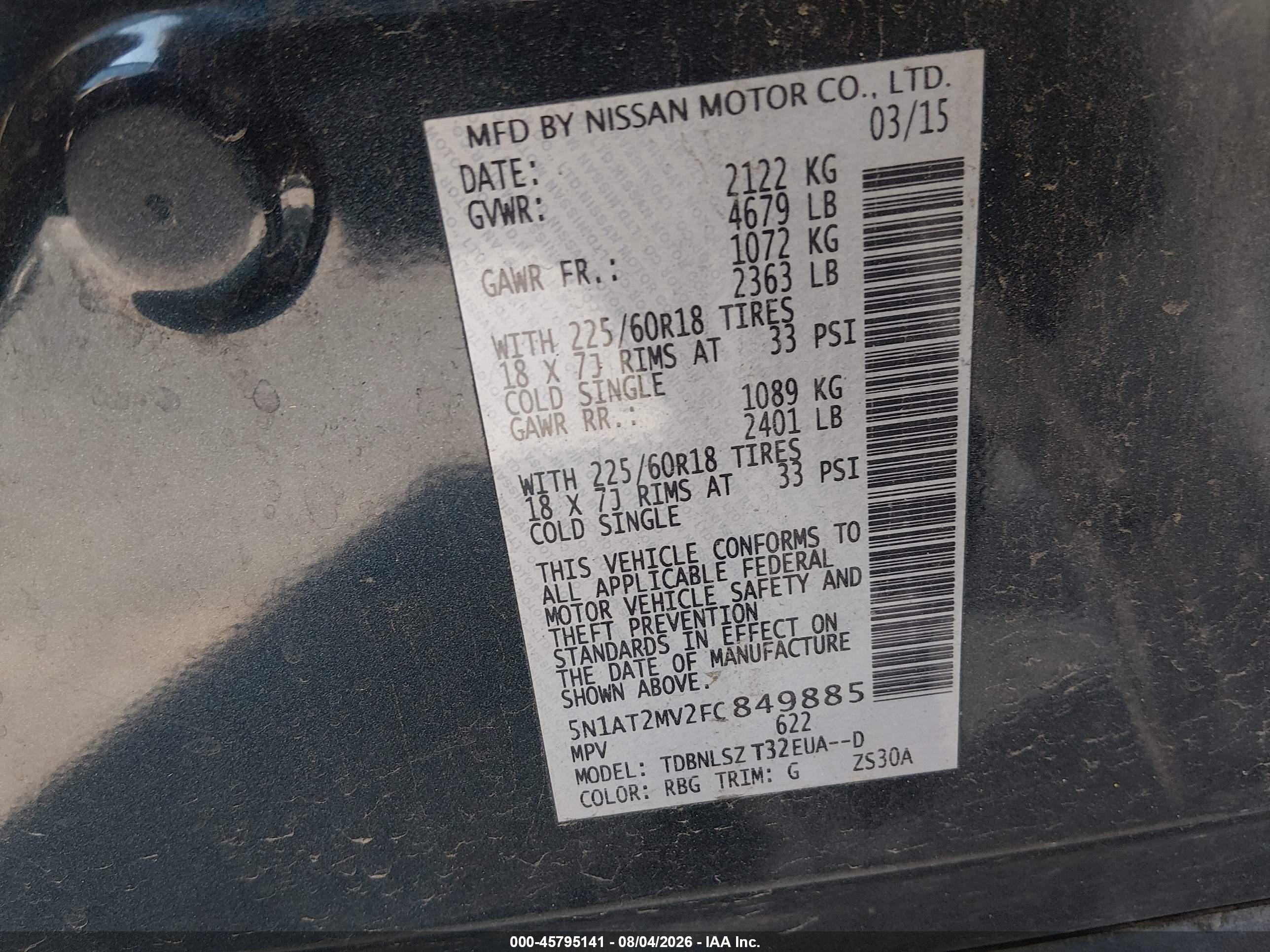 2015 Nissan Rogue Sl Blue vin: 5N1AT2MV2FC849885